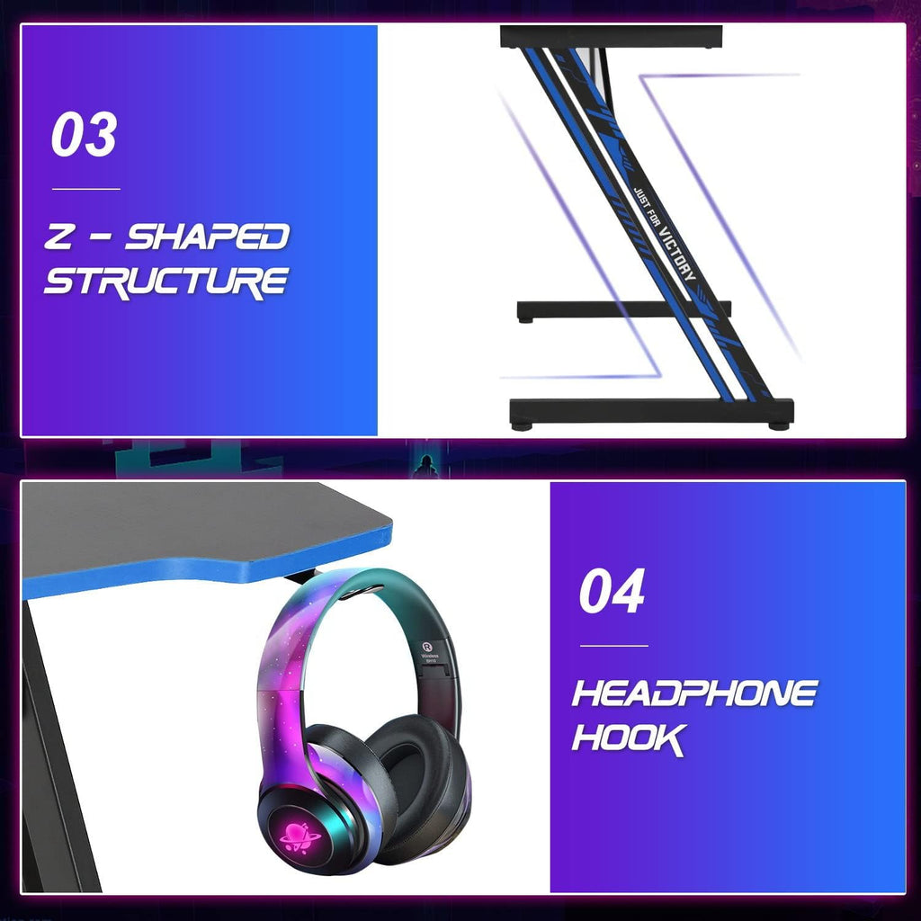 Gmaing Desk Z Shaped 47 Inch Gaming Workstation Ergonomic Gaming Table PC Computer Desk with Headphone Hook for Game Players, Blue
