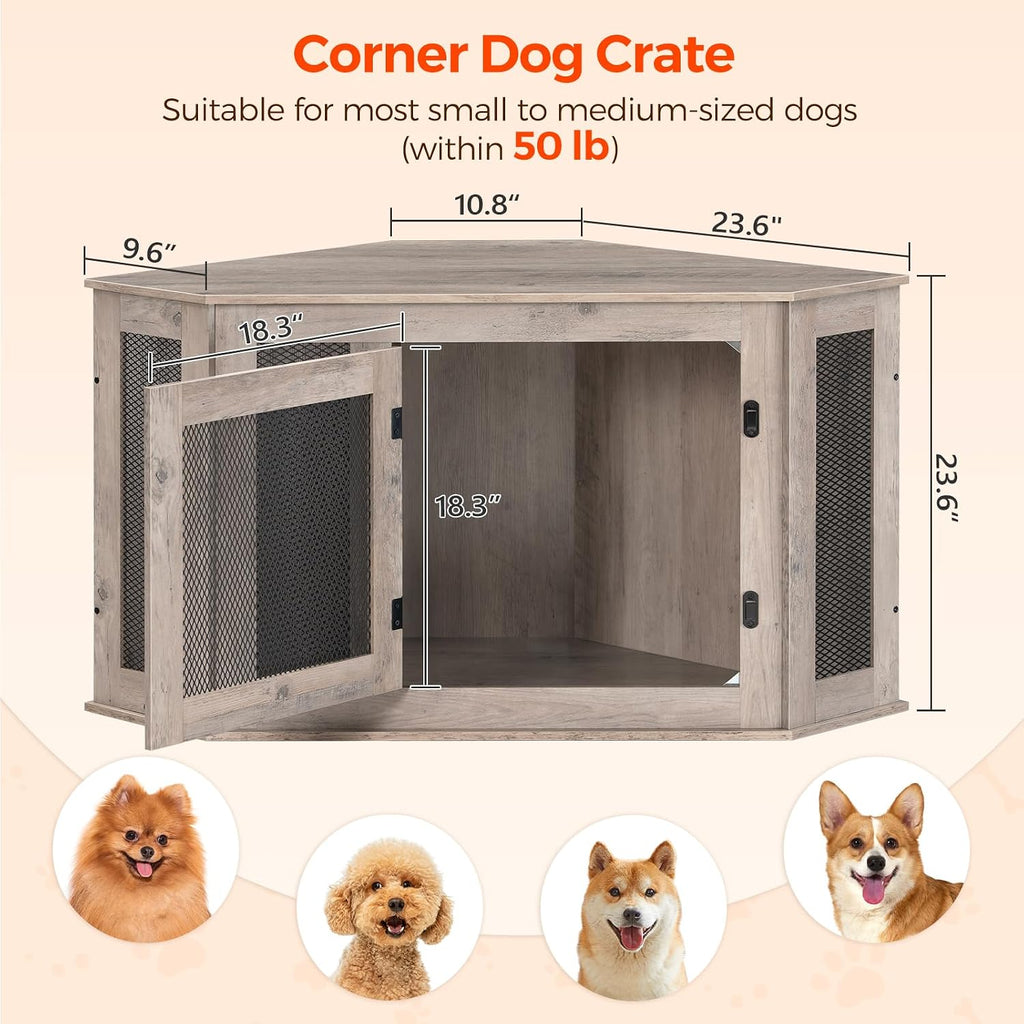 Corner Dog Crate Furniture, Wooden Dog Kennel End Table, Decorative Pet Crate Indoor Use, Furniture Style Dog House for Small Medium Dog, Dog Cage TV Stand, Greige and Black DCHG0801