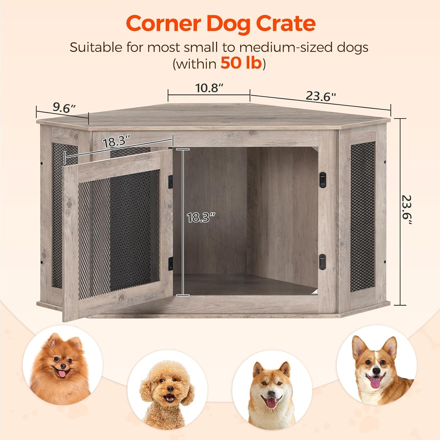Corner Dog Crate Furniture, Wooden Dog Kennel End Table, Decorative Pet Crate Indoor Use, Furniture Style Dog House for Small Medium Dog, Dog Cage TV Stand, Greige and Black DCHG0801