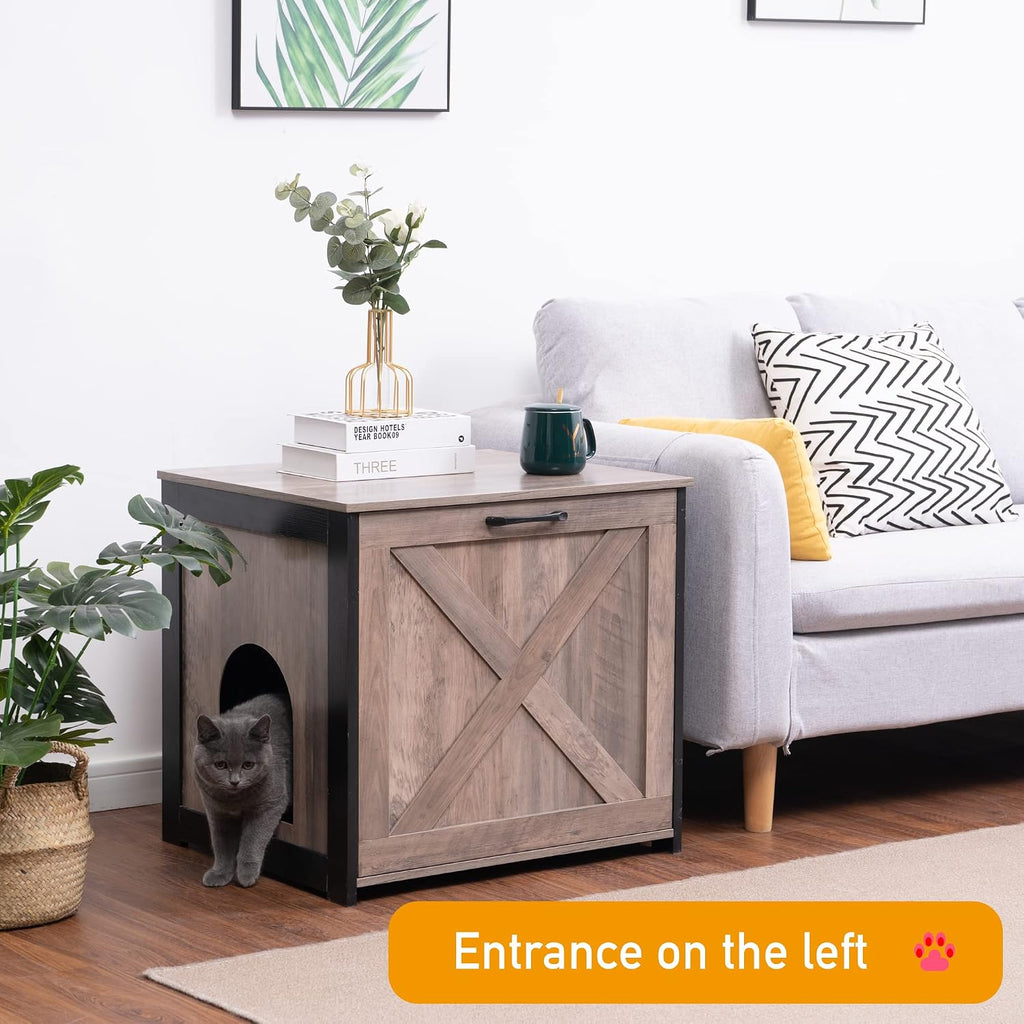 Cat Litter Box Furniture Hidden, Cat Litter Box Enclosure, Reversible Entrance Can Be on Left or Right Side, Indoor Cabinet, Wooden Washroom, End Table, Nightstand, Greige, 23.6" L