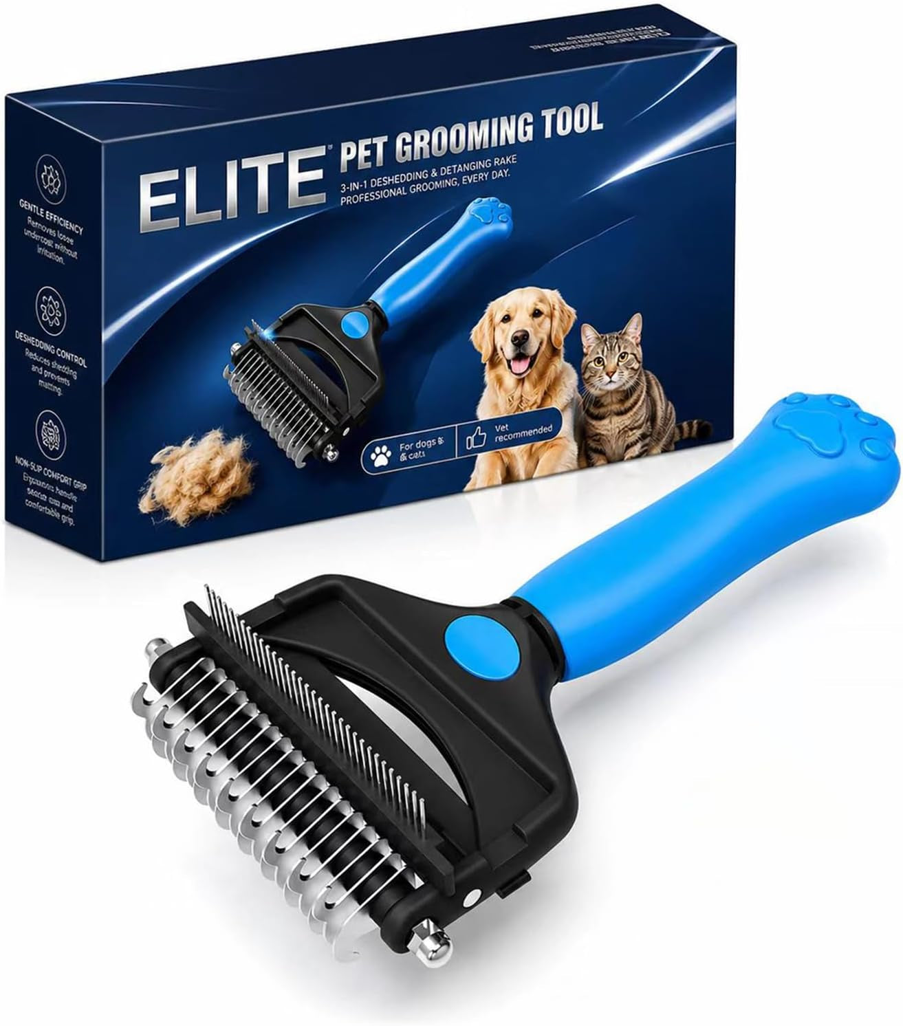Deshedding Dog Brush，3-In-1 Undercoat Rake for Dogs (Blue) | Pet Pro Grooming Tool – Ultimate Dematting Comb & Deshedding Brush for Cats and Dogs, Perfect for Shedding & Detangling