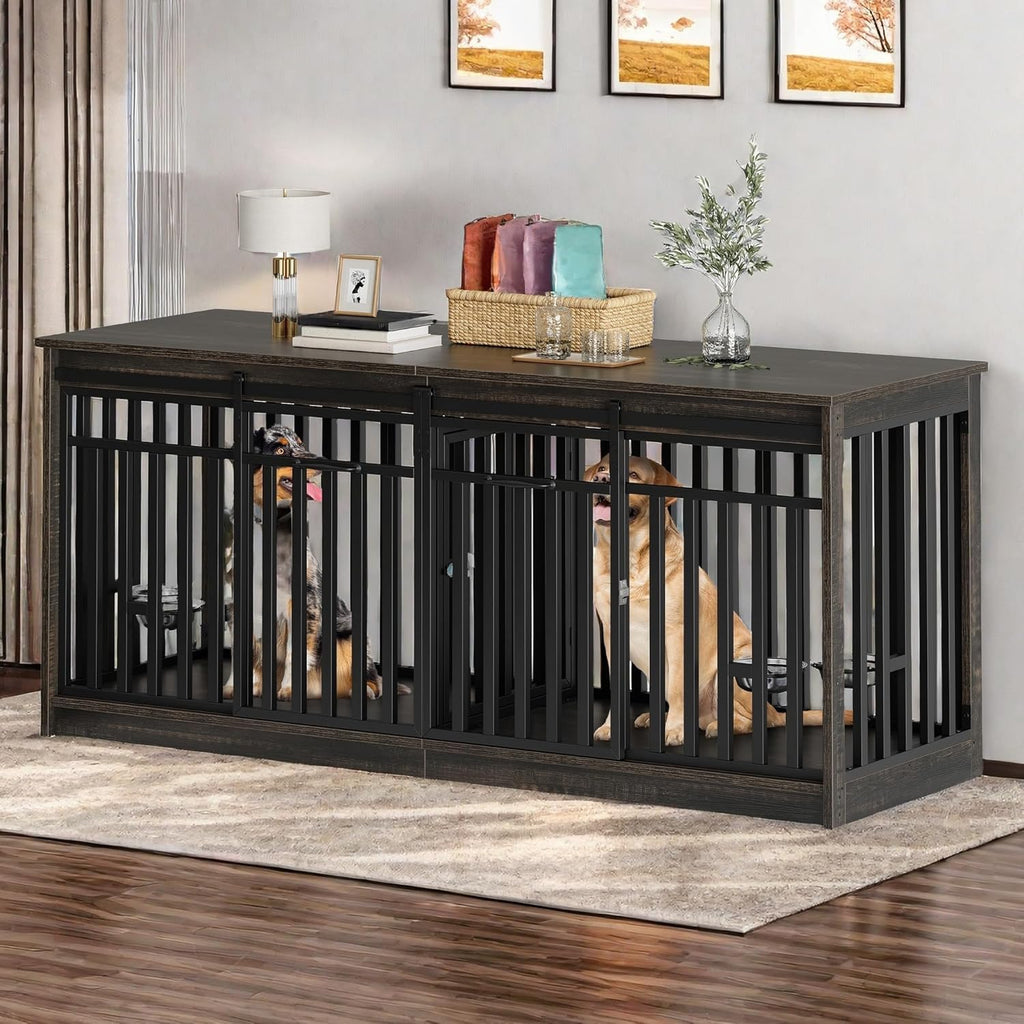 71" Double Dog Crate Furniture for 2 Dogs with 4 Bowls | Heavy Duty Wooden Crate TV Stand, Dog Kennel Indoor Furniture Sliding Barn Door Design for Extra Large Dogs, Black Oak