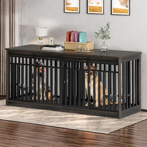 71" Double Dog Crate Furniture for 2 Dogs with 4 Bowls | Heavy Duty Wooden Crate TV Stand, Dog Kennel Indoor Furniture Sliding Barn Door Design for Extra Large Dogs, Black Oak