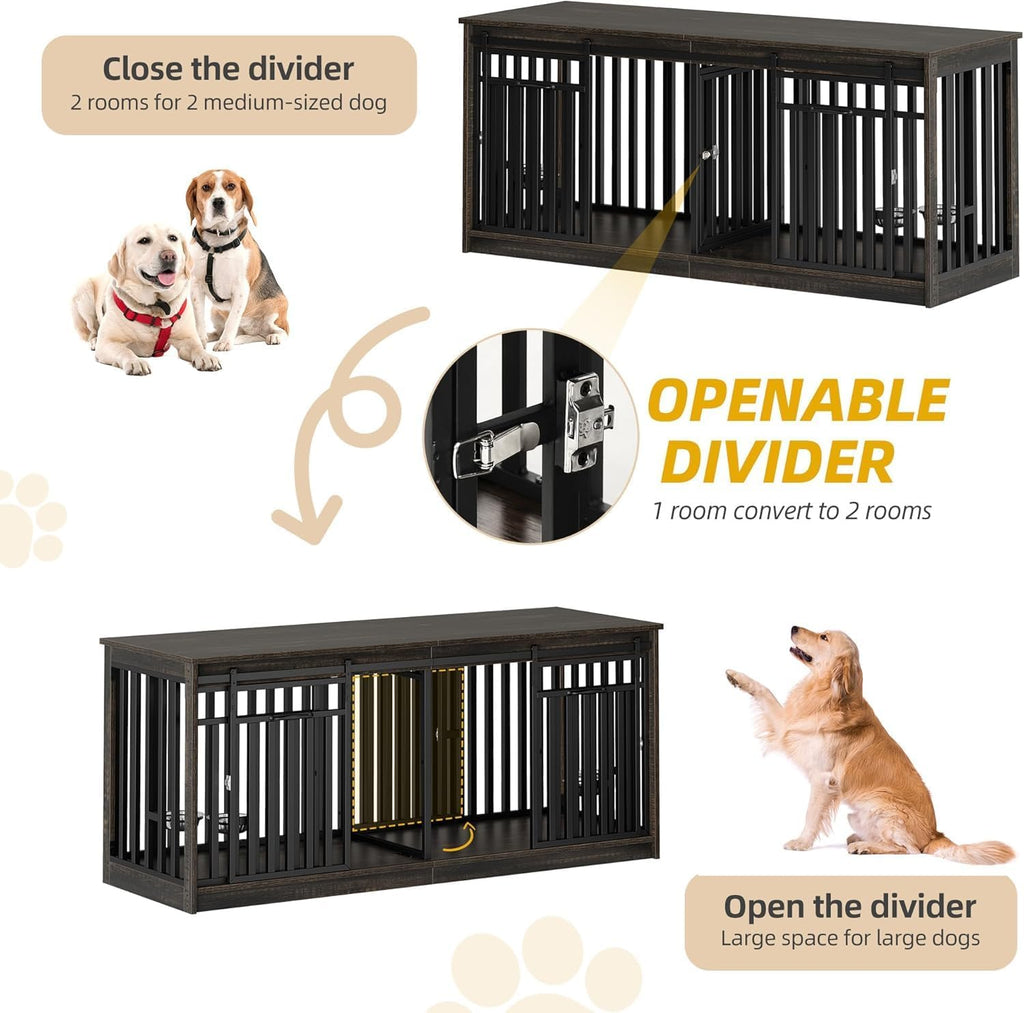 71" Double Dog Crate Furniture for 2 Dogs with 4 Bowls | Heavy Duty Wooden Crate TV Stand, Dog Kennel Indoor Furniture Sliding Barn Door Design for Extra Large Dogs, Black Oak