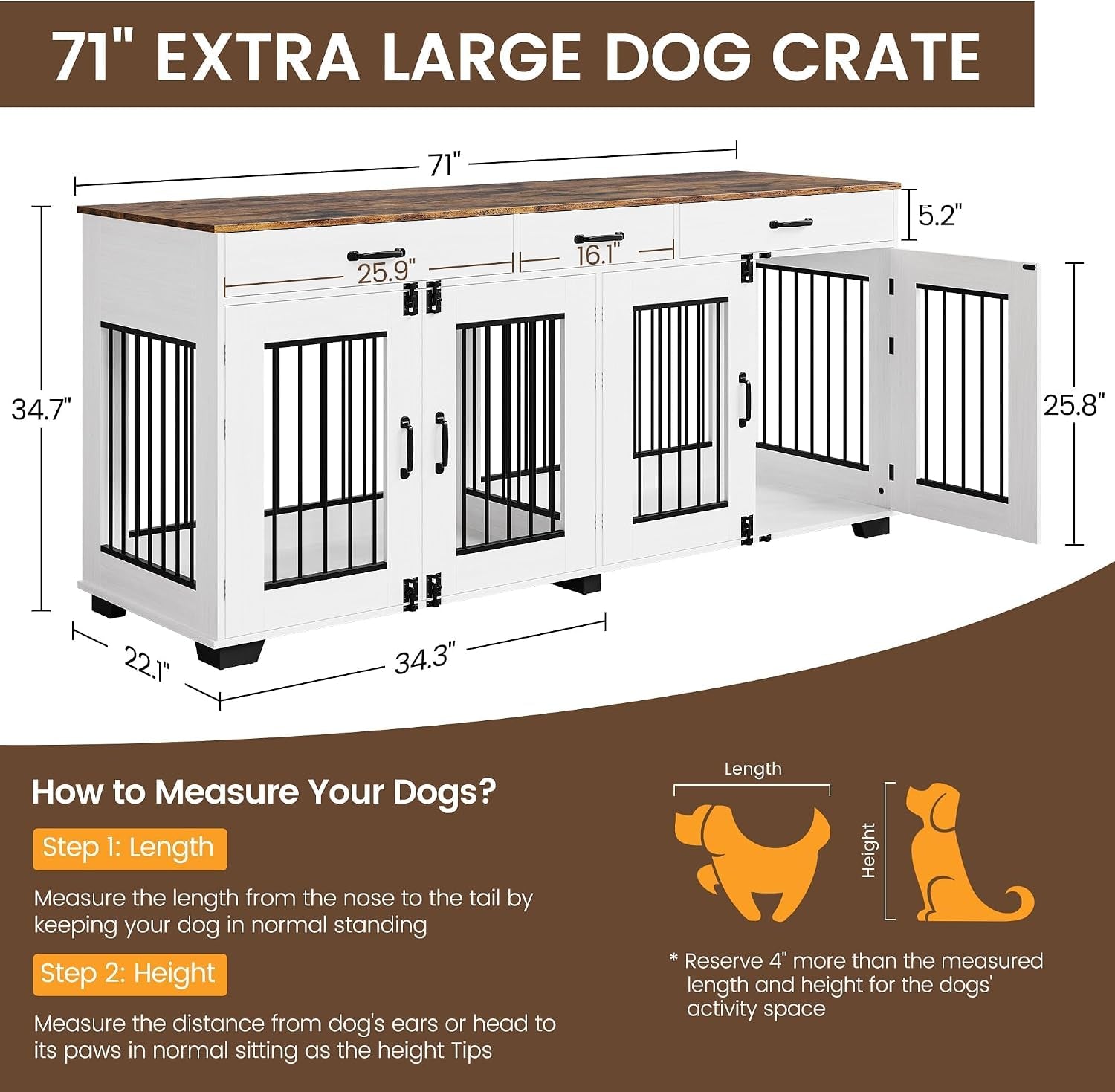 71'' Large Dog Crate for 2 Dogs, Dog Crate with 3 Drawer, White | Dog Kennel Furniture, Heavy Duty Dog Cage and TV Stand, Perfect for Medium Large Dogs