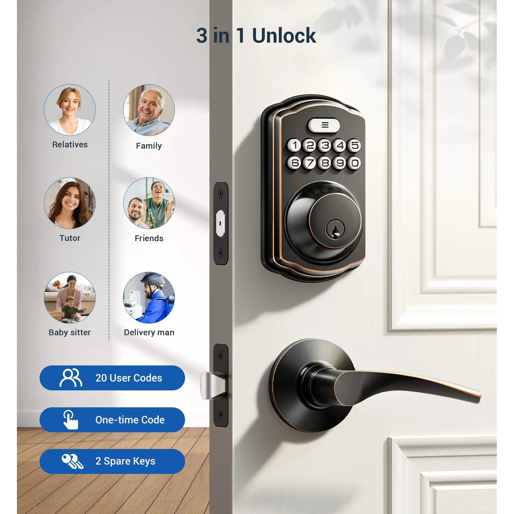 Keyless Entry Door Lock with Handle, Electronic Keypad Deadbolt, Smart Door Lock, Oil Rubbed Bronze