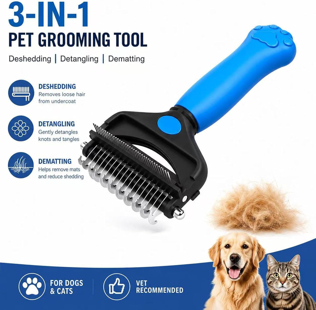 Deshedding Dog Brush，3-In-1 Undercoat Rake for Dogs (Blue) | Pet Pro Grooming Tool – Ultimate Dematting Comb & Deshedding Brush for Cats and Dogs, Perfect for Shedding & Detangling