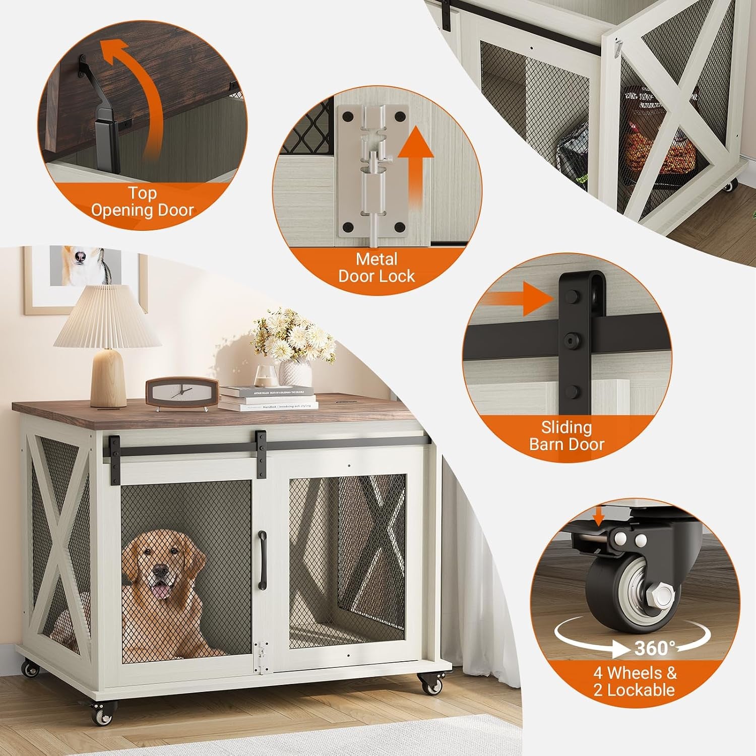 37" Dog Crate Furniture, Side End Table, Farmhouse Dog Crate with Sliding Barn Door, Flip Top Wooden Dog Kennel with Wheels and Movable Divider, Indoor Dog Cage House for Medium Dogs