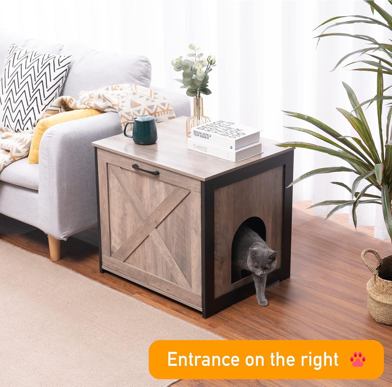 Cat Litter Box Furniture Hidden, Cat Litter Box Enclosure, Reversible Entrance Can Be on Left or Right Side, Indoor Cabinet, Wooden Washroom, End Table, Nightstand, Greige, 23.6" L