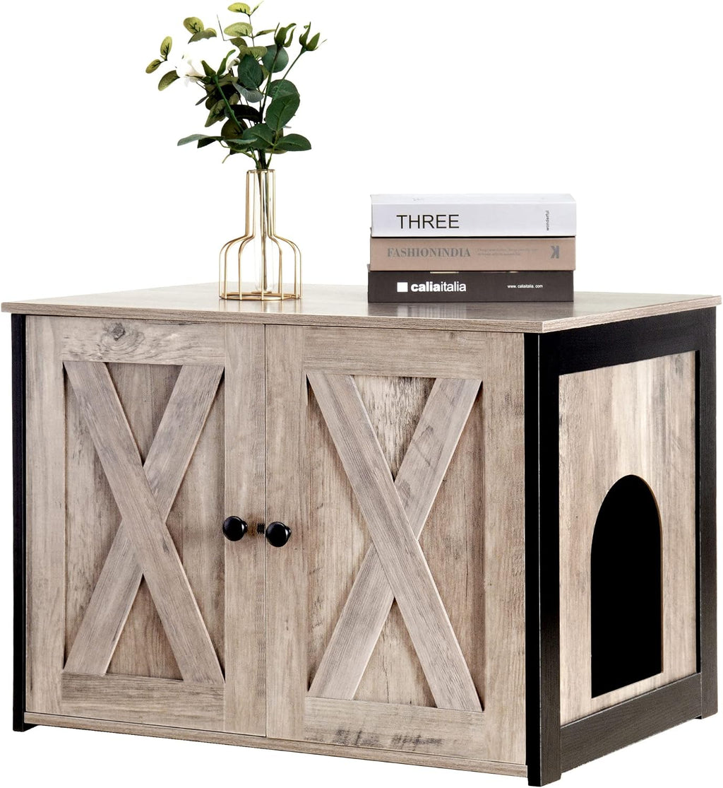 Litter Box Enclosure, Cat Litter Box Furniture Hidden, Reversible Entrance Can Be on Left or Right Side, Wooden Cat Washroom Indoor, Greige, 27.6 Inches