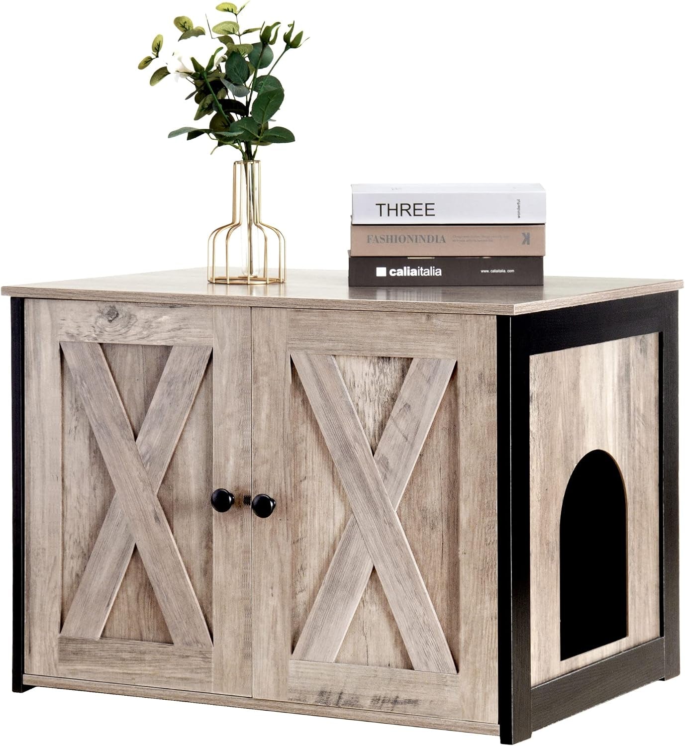 Litter Box Enclosure, Cat Litter Box Furniture Hidden, Reversible Entrance Can Be on Left or Right Side, Wooden Cat Washroom Indoor, Greige, 27.6 Inches