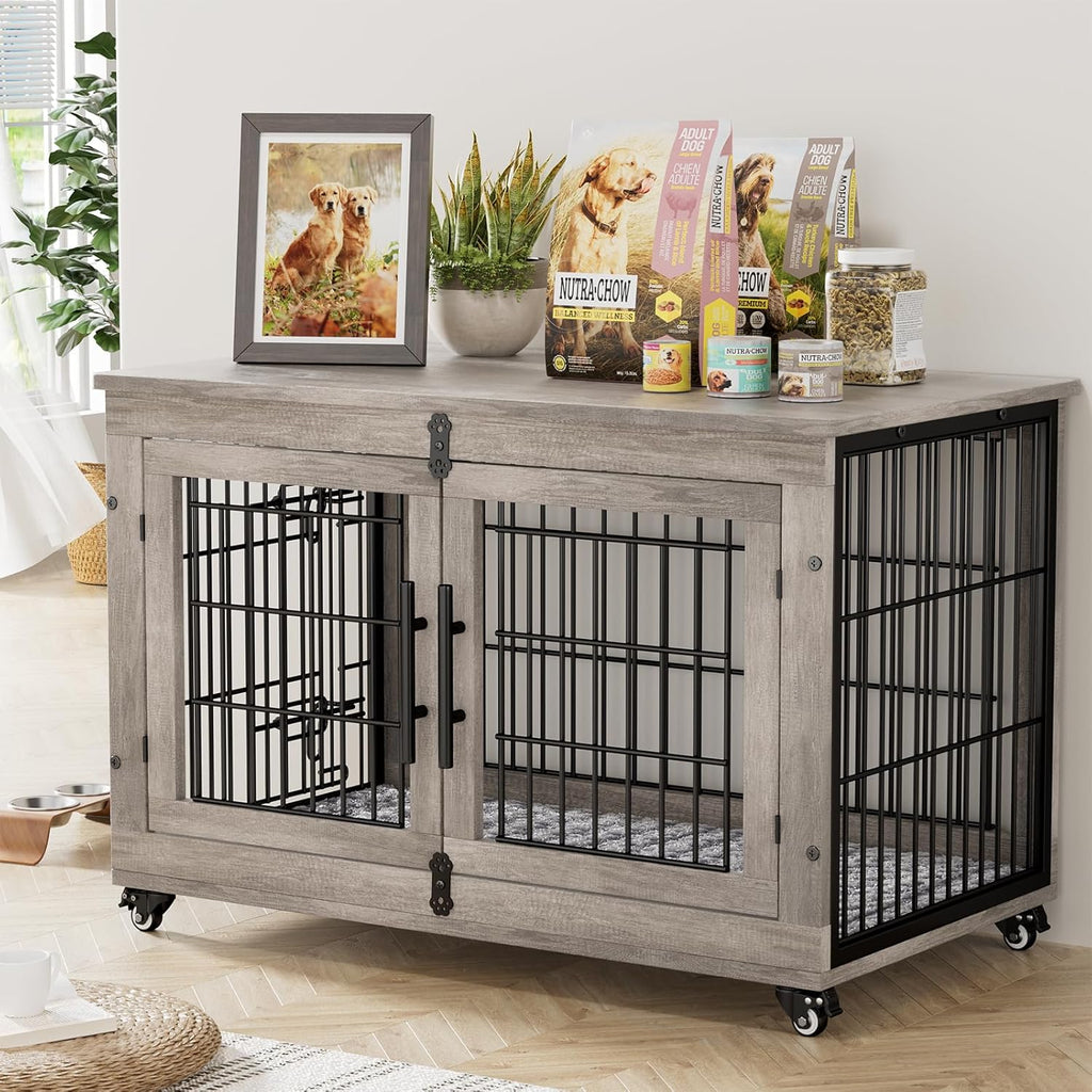 Large Dog Crate Furniture, 38'' Heavy Duty Wood Kennel W/Cushion & Wheels | Grey, Double Doors, Wooden Dog Cage, Chew-Resistant, End Table, Decorative, 27"/32"/38"/44" Options, Indoor