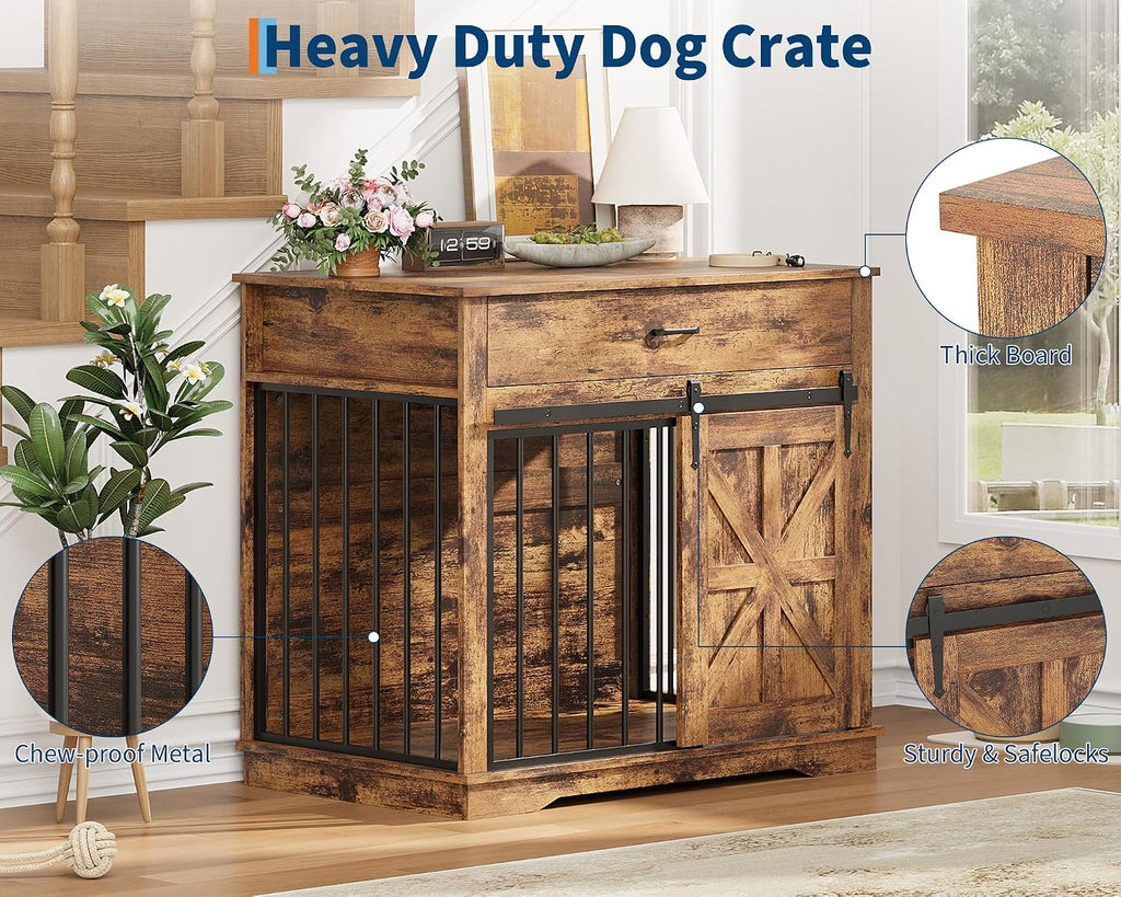 Dog Crate Furniture, 37.8" Large Dog Kennel Indoor, Wooden Kennel Table with Sliding Barn Door and Storage Drawer, Indoor Dog House for Large/Medium/Small Dogs (Brown)
