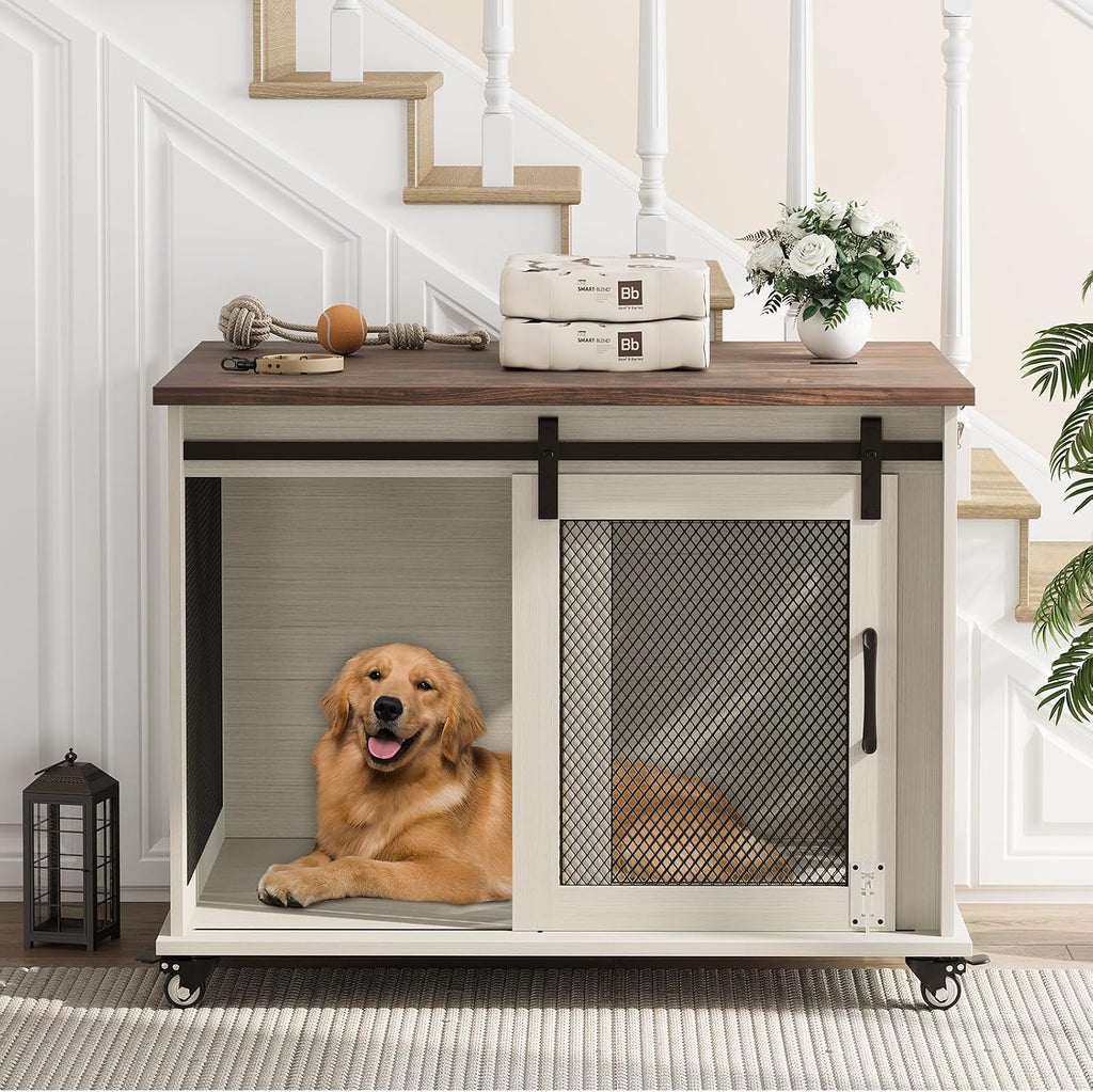 37" Dog Crate Furniture, Side End Table, Farmhouse Dog Crate with Sliding Barn Door, Flip Top Wooden Dog Kennel with Wheels and Movable Divider, Indoor Dog Cage House for Medium Dogs