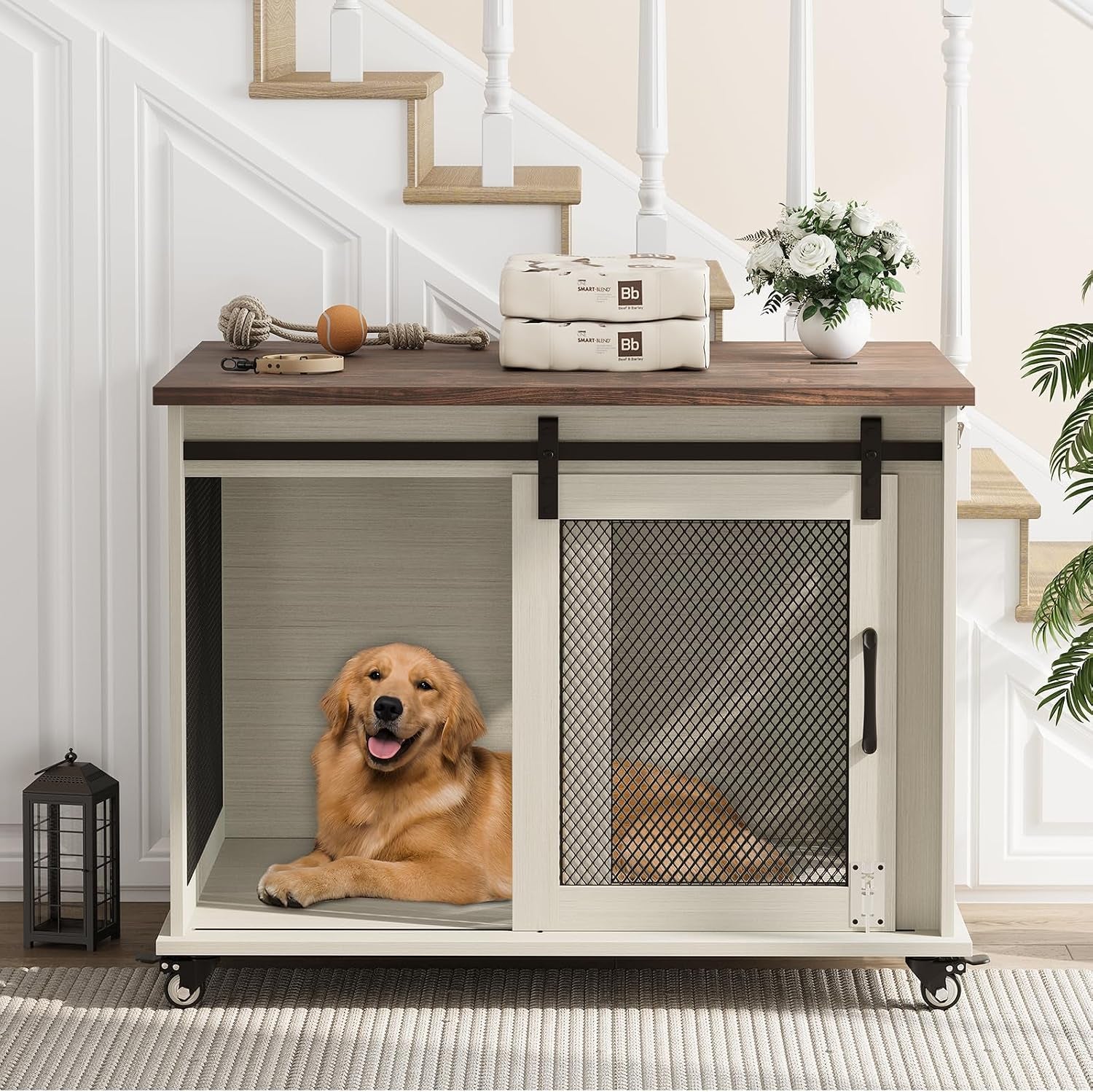 37" Dog Crate Furniture, Side End Table, Farmhouse Dog Crate with Sliding Barn Door, Flip Top Wooden Dog Kennel with Wheels and Movable Divider, Indoor Dog Cage House for Medium Dogs