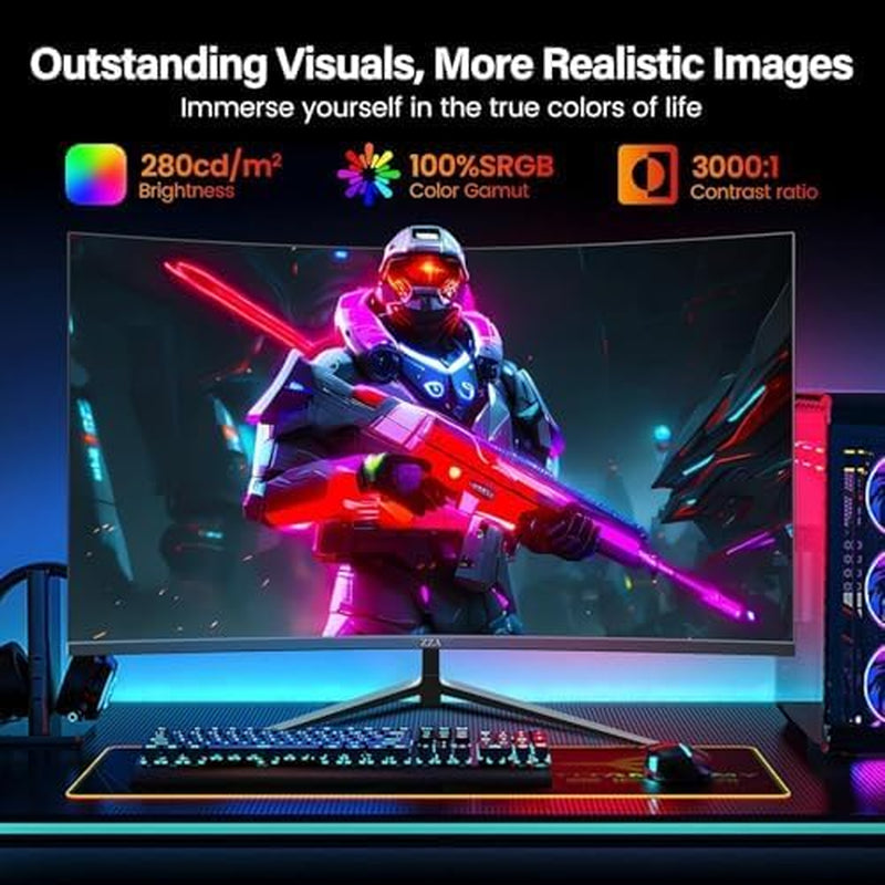 27 Inch Curved Gaming Monitor 200Hz|180Hz|144Hz 1Ms FHD 1080P Computer Screen Freesync|130% Srgb|Hdr|Low Blue Light|Hdmi DP Ports|Vesa Mount|Metal Stand