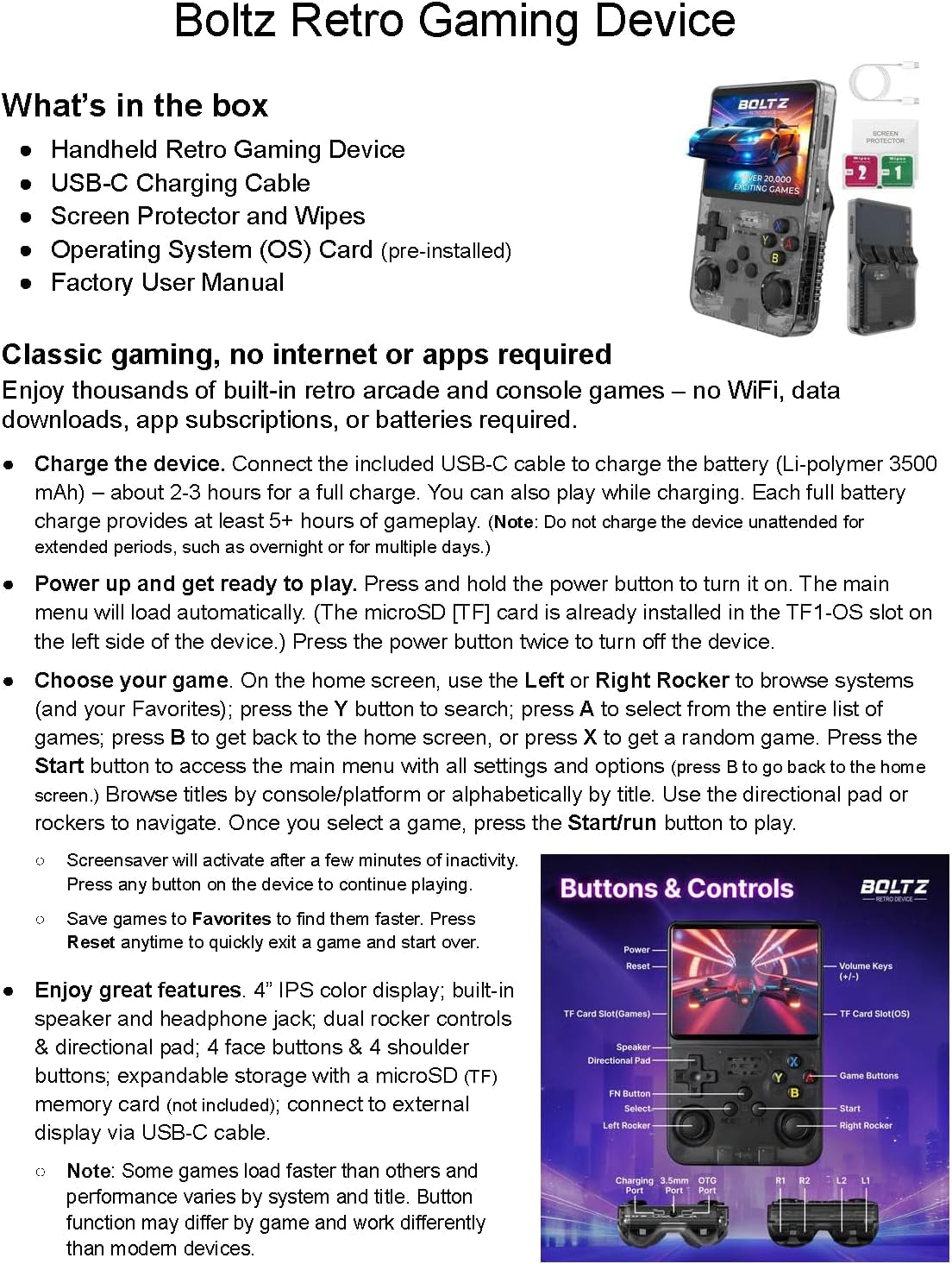 Boltz Retro Handheld Game Console with 20,503 Built-In Games, 3.75" IPS | Portable Retro Gaming Console RK3326 Quad-Core Emulator System, Dual Joystick Handheld Gaming Device, 3500Mah Battery