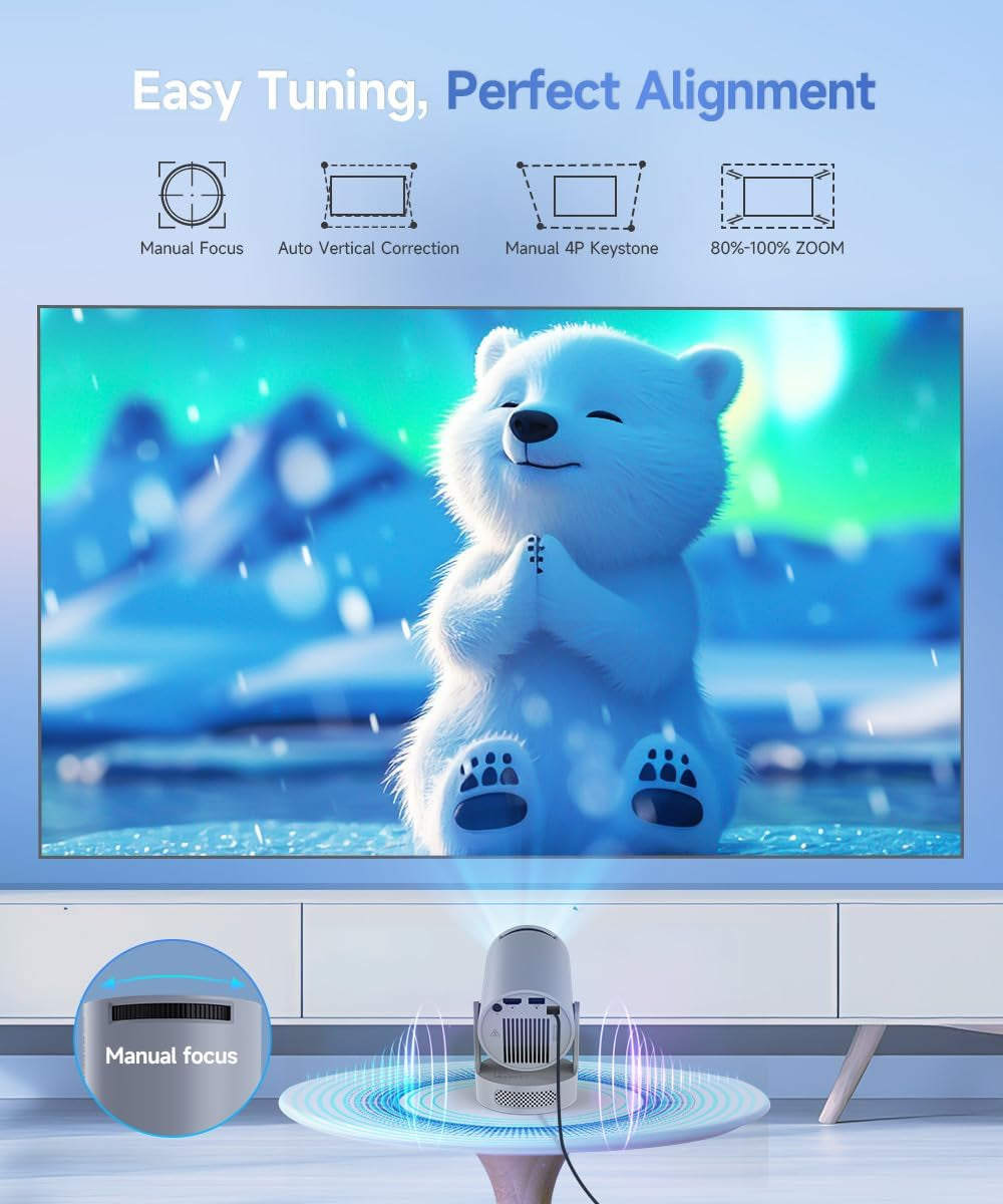 Mini Projector 4K Support, Portable Projector with Wifi 6 and Bluetooth 5.4, 5W Soundbase Speaker, Smart Proyector with Auto Vertical Keystone 180°Rotatable for Movie Home Outdoor