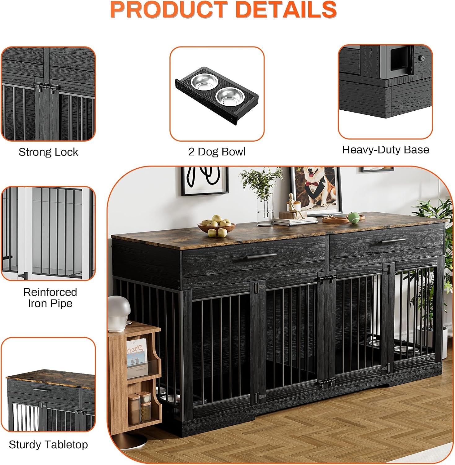 72" Double Dog Crate Furniture with Drawers and Divider, Black | Wooden Dog Kennel for 2 Medium Dogs with 2 Drawers, Removable Divider, 4 Bowls and TV Stand Top