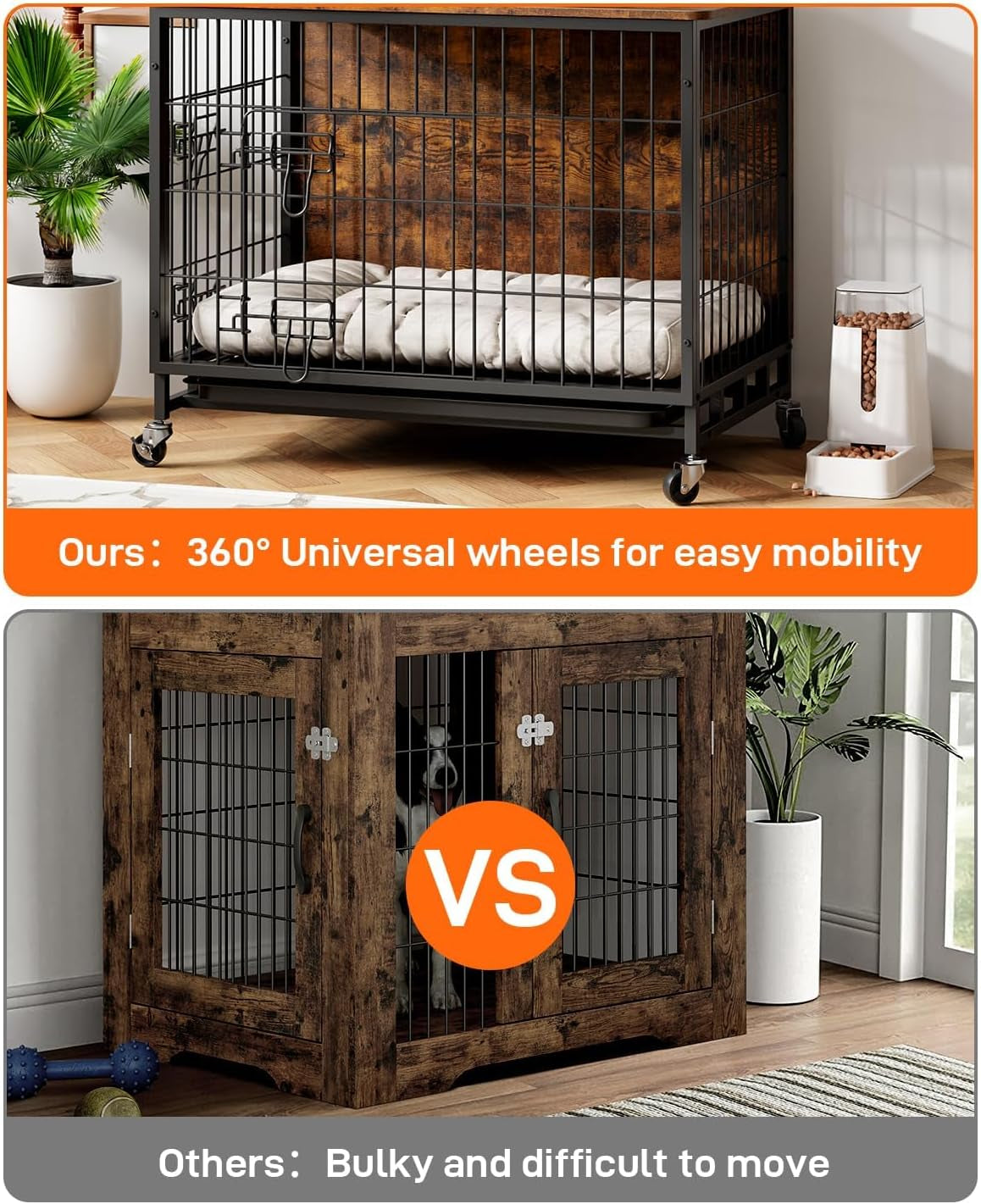 Dog Crate Furniture, 27" Dog Kennel End Table, Wooden Dog Cage with Wheels & Double Doors, Dog Crate Indoor Dog House for Large Medium Dogs, Rustic Brown