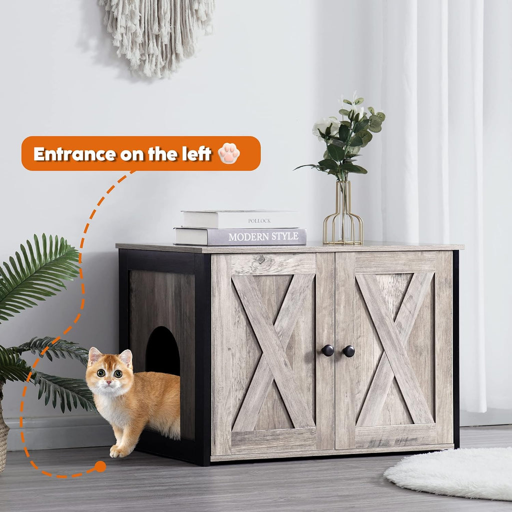 Litter Box Enclosure, Cat Litter Box Furniture Hidden, Reversible Entrance Can Be on Left or Right Side, Wooden Cat Washroom Indoor, Greige, 27.6 Inches