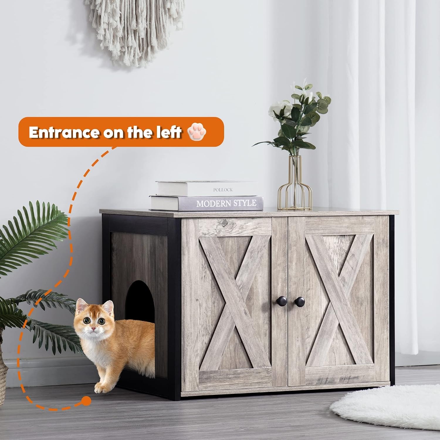 Litter Box Enclosure, Cat Litter Box Furniture Hidden, Reversible Entrance Can Be on Left or Right Side, Wooden Cat Washroom Indoor, Greige, 27.6 Inches
