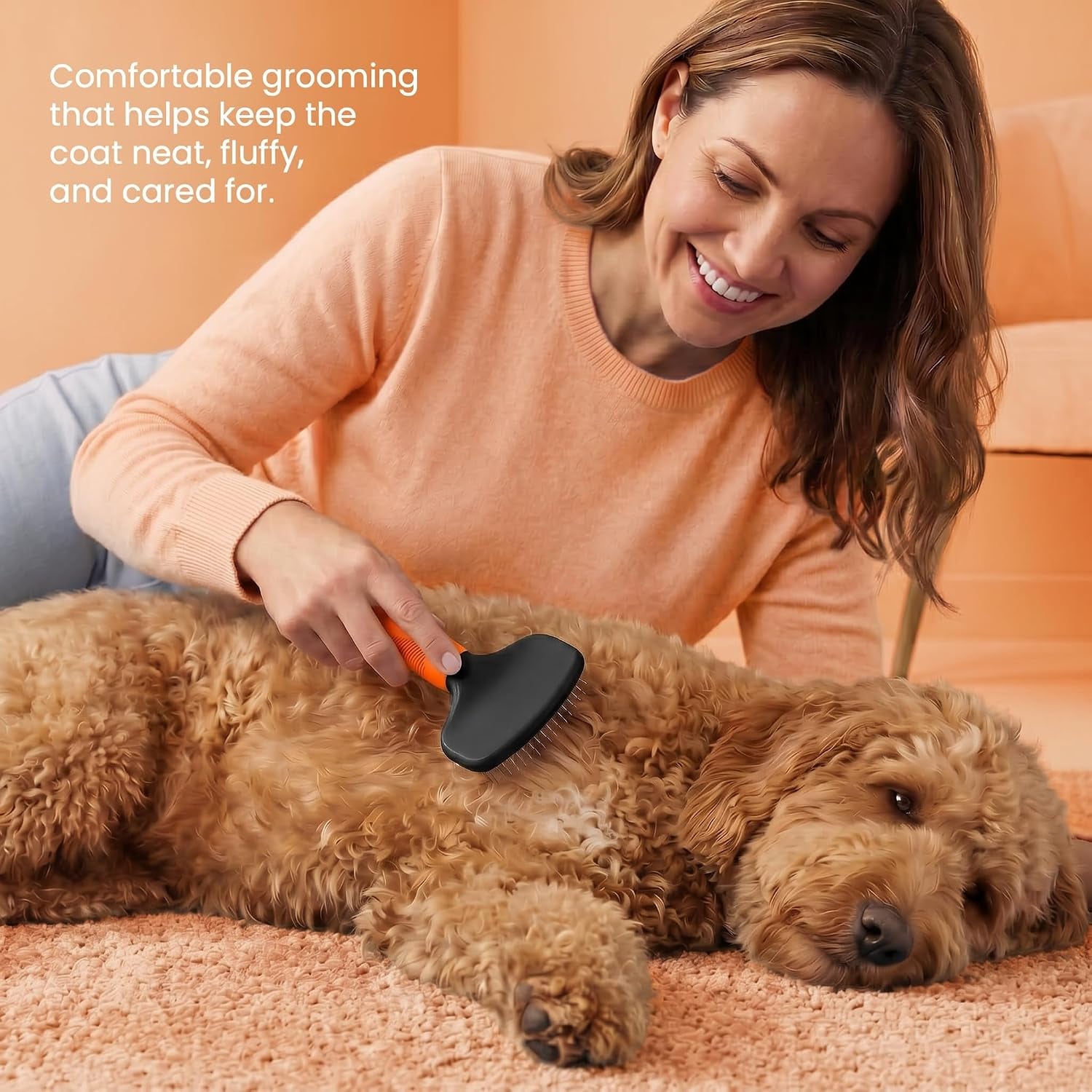 Poodle Pet Slicker Brush - for Dogs, Cats, Rabbits - Matted/Loose Fur, Knots - Suitable for Doodle/Goldendoodle Grooming and Shredding Short/Long Hair (Orange)