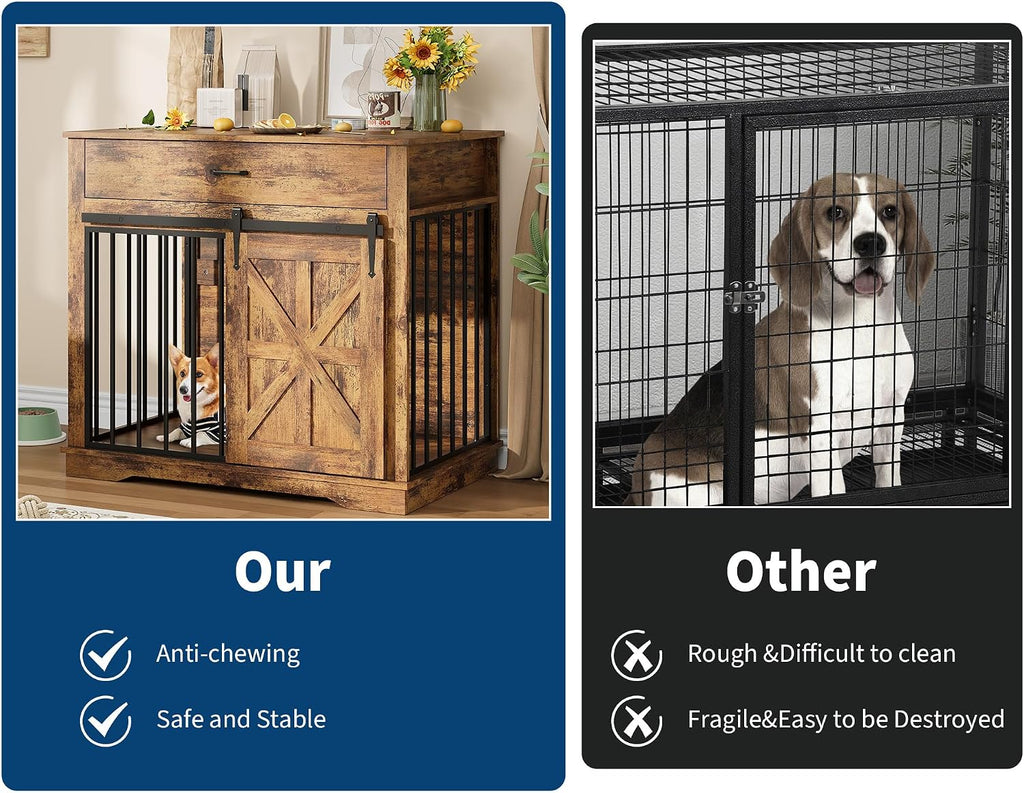 Dog Crate Furniture, 37.8" Large Dog Kennel Indoor, Wooden Kennel Table with Sliding Barn Door and Storage Drawer, Indoor Dog House for Large/Medium/Small Dogs (Brown)