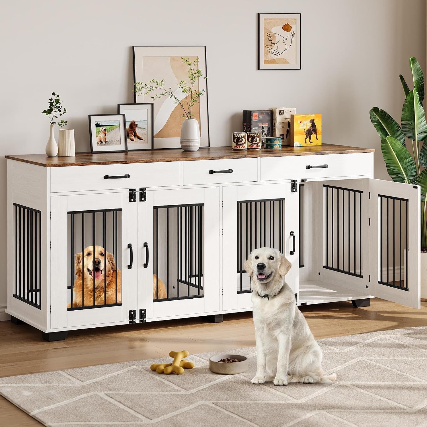 71'' Large Dog Crate for 2 Dogs, Dog Crate with 3 Drawer, White | Dog Kennel Furniture, Heavy Duty Dog Cage and TV Stand, Perfect for Medium Large Dogs