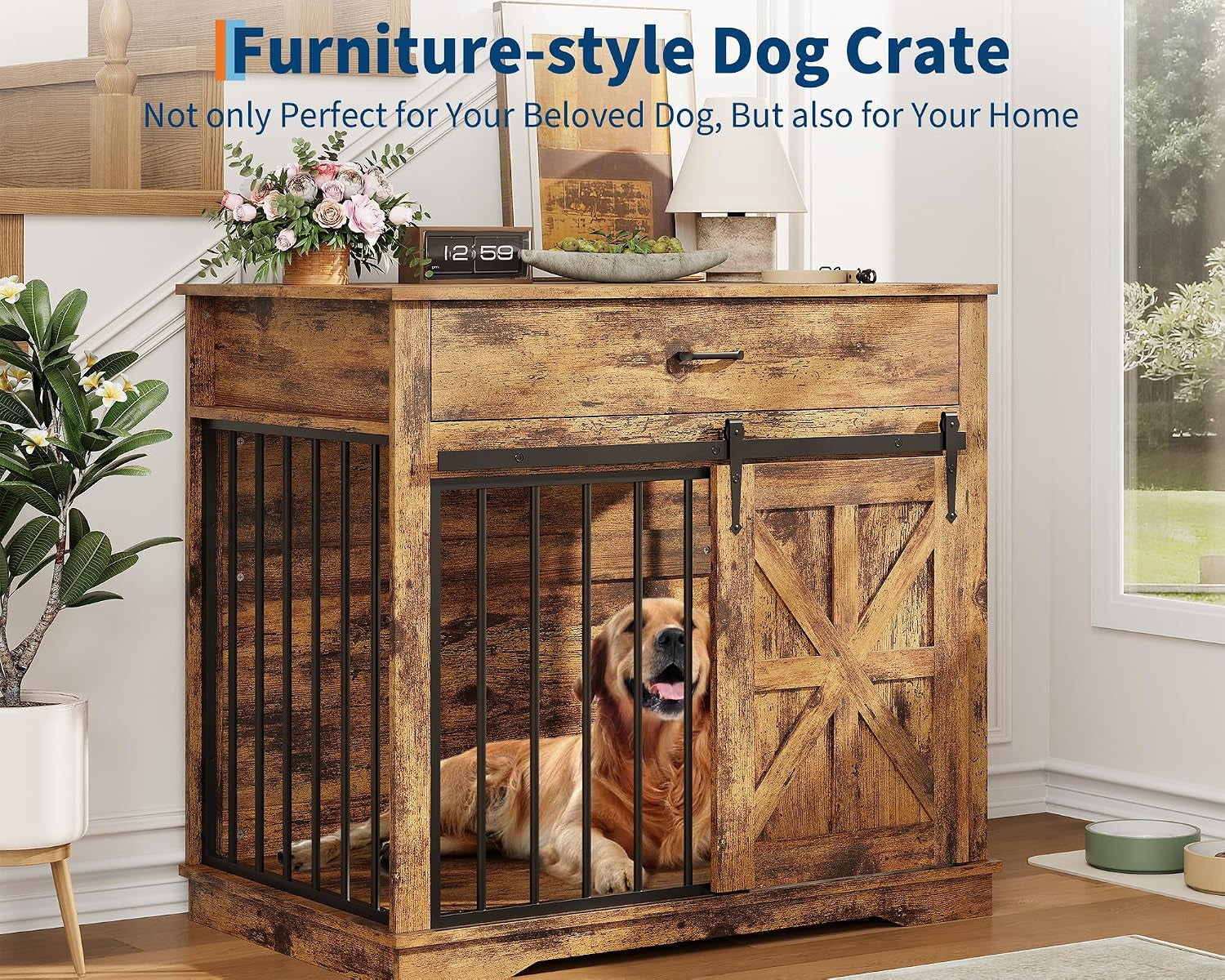 Dog Crate Furniture, 37.8" Large Dog Kennel Indoor, Wooden Kennel Table with Sliding Barn Door and Storage Drawer, Indoor Dog House for Large/Medium/Small Dogs (Brown)