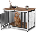 Dog Crate Furniture Foldable Side End Table Expandable Solid Wood Dog Kennel with 360° Rotatable Dog Bowls Indoor Cage, No Assembly Needed (Right Door Removable)