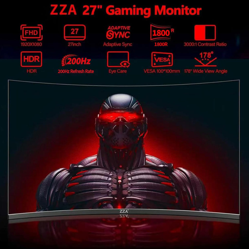 27 Inch Curved Gaming Monitor 200Hz|180Hz|144Hz 1Ms FHD 1080P Computer Screen Freesync|130% Srgb|Hdr|Low Blue Light|Hdmi DP Ports|Vesa Mount|Metal Stand
