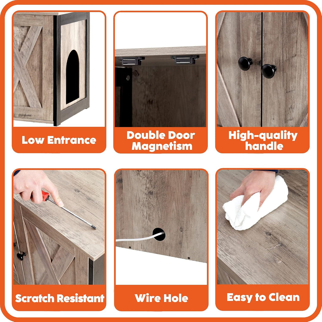 Litter Box Enclosure, Cat Litter Box Furniture Hidden, Reversible Entrance Can Be on Left or Right Side, Wooden Cat Washroom Indoor, Greige, 27.6 Inches