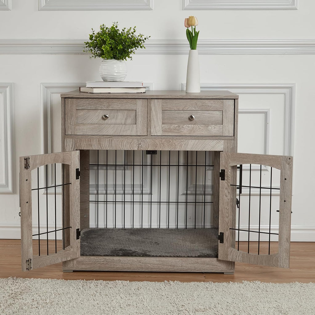 Dog Crate Furniture with Cushion,Wooden Dog Kennels Indoor with 2 Drawers | Built-In Storage Drawers, Soft Sleeping Cushion, Multi Functional Indoor Pet Kennel Table
