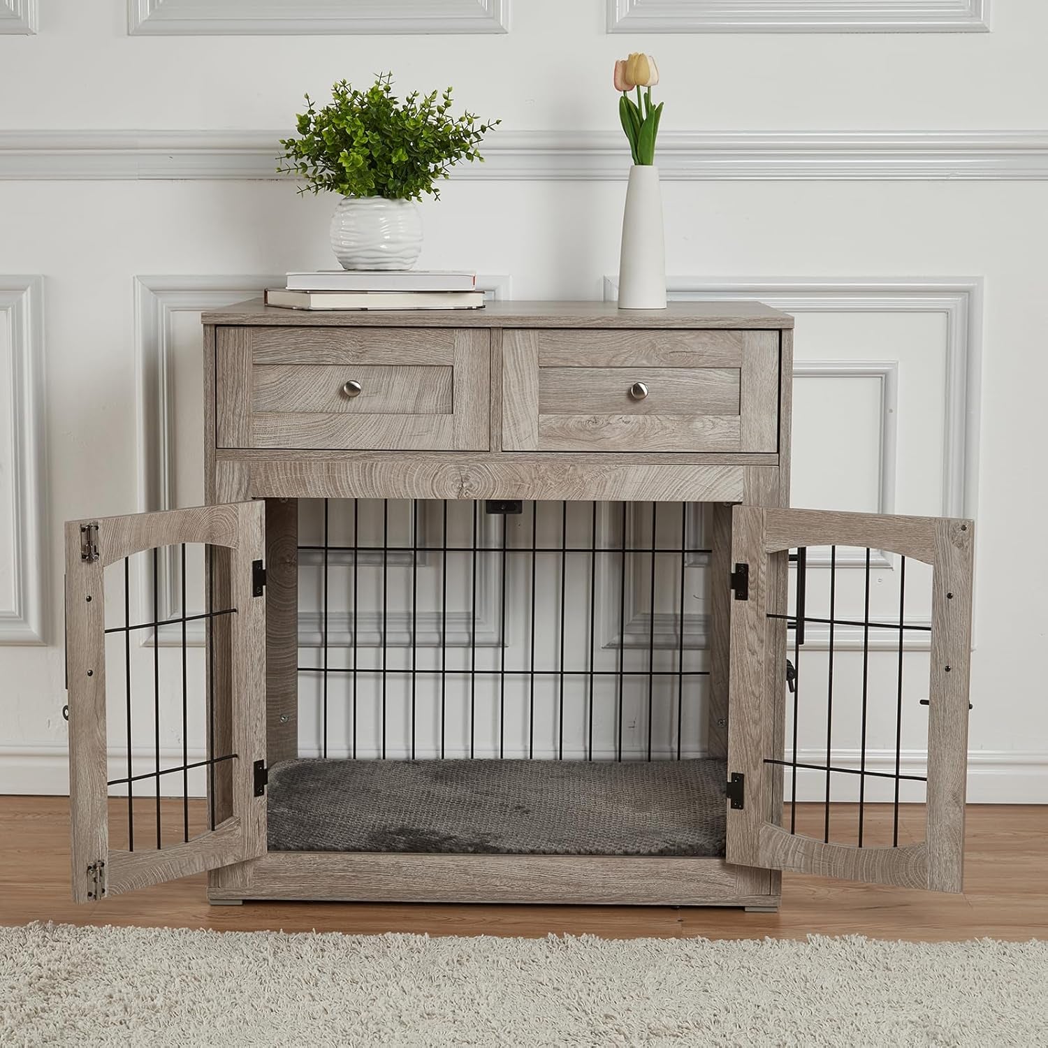Dog Crate Furniture with Cushion,Wooden Dog Kennels Indoor with 2 Drawers | Built-In Storage Drawers, Soft Sleeping Cushion, Multi Functional Indoor Pet Kennel Table