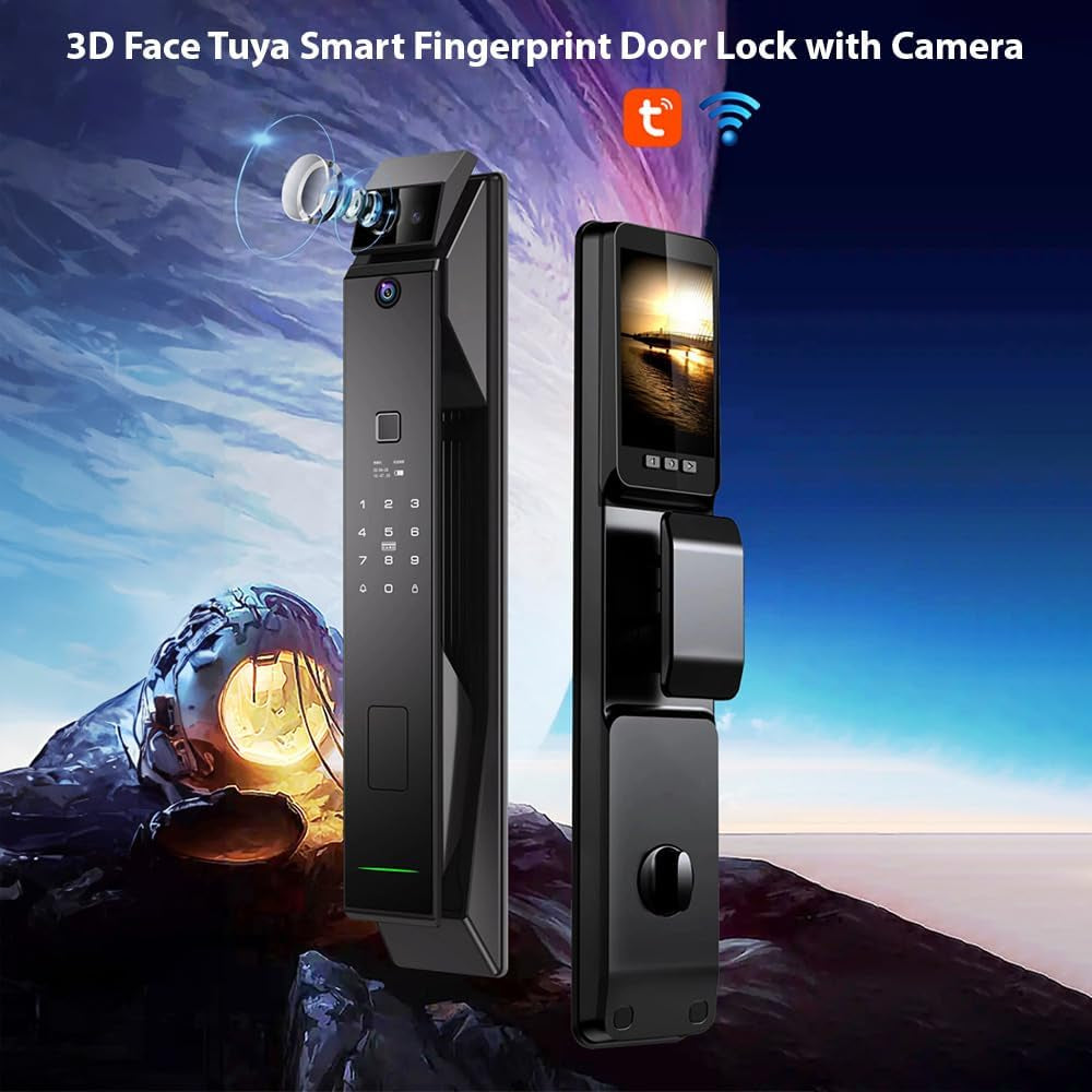 Smart Fingerprint Door Lock with Camera, 3D Face Recognition Keyless Entry Door Lock, Aluminum Alloy Biometric Smart Door Lock, 6 Unlock Mode for 40-120Mm Thickness Door, with 4200Mah Battery