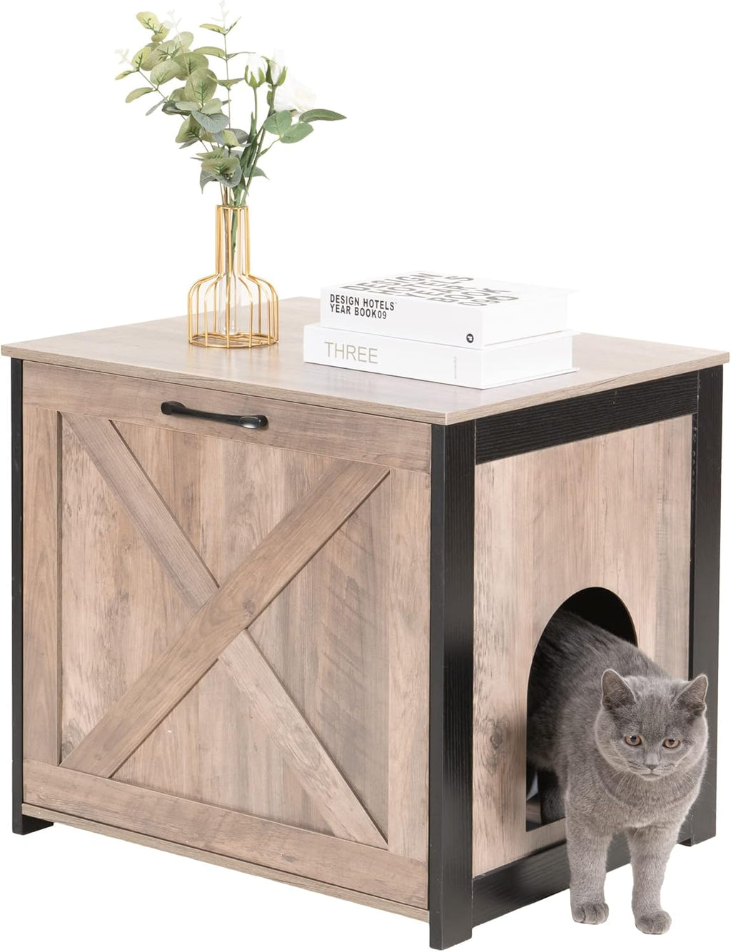 Cat Litter Box Furniture Hidden, Cat Litter Box Enclosure, Reversible Entrance Can Be on Left or Right Side, Indoor Cabinet, Wooden Washroom, End Table, Nightstand, Greige, 23.6" L