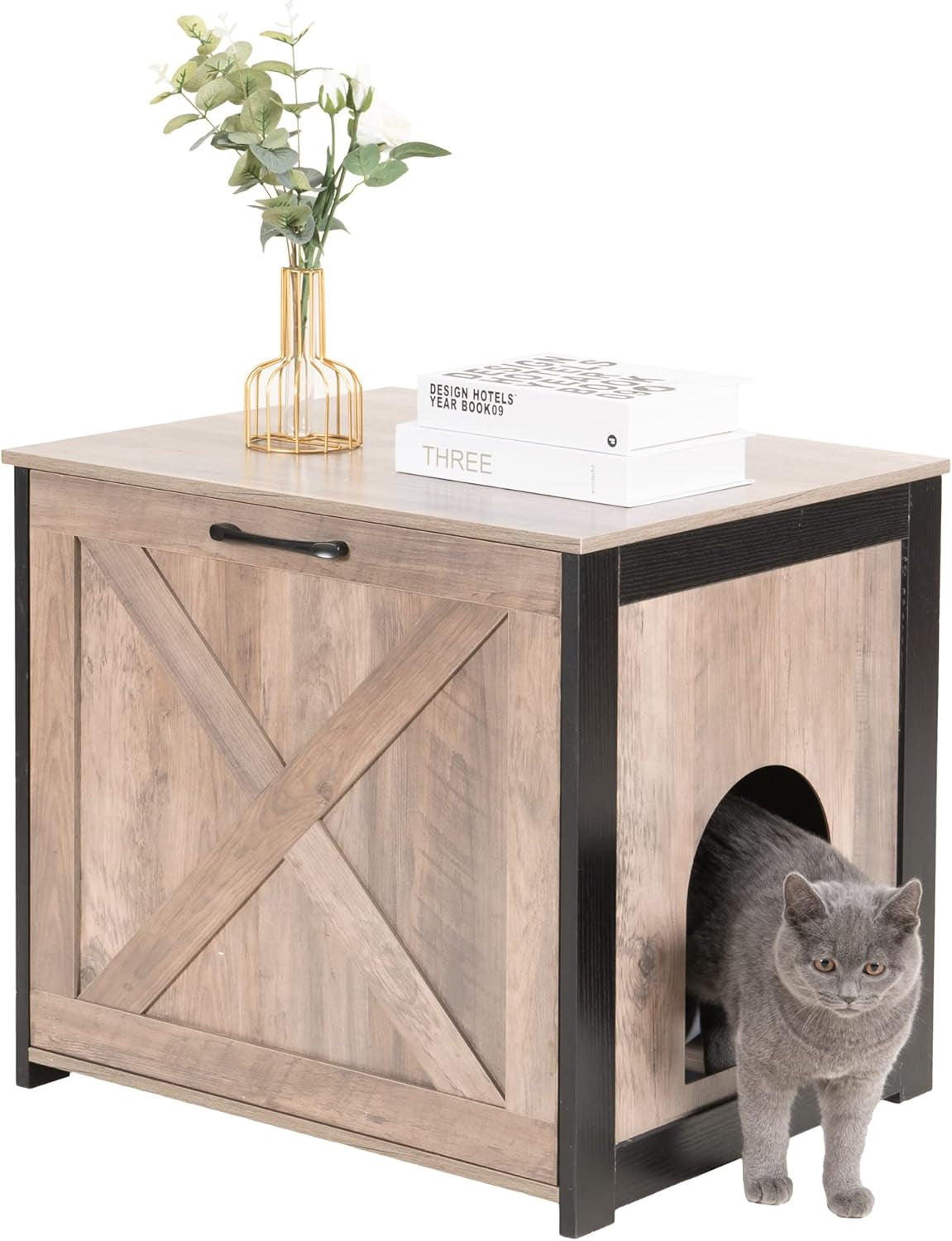 Cat Litter Box Furniture Hidden, Cat Litter Box Enclosure, Reversible Entrance Can Be on Left or Right Side, Indoor Cabinet, Wooden Washroom, End Table, Nightstand, Greige, 23.6" L
