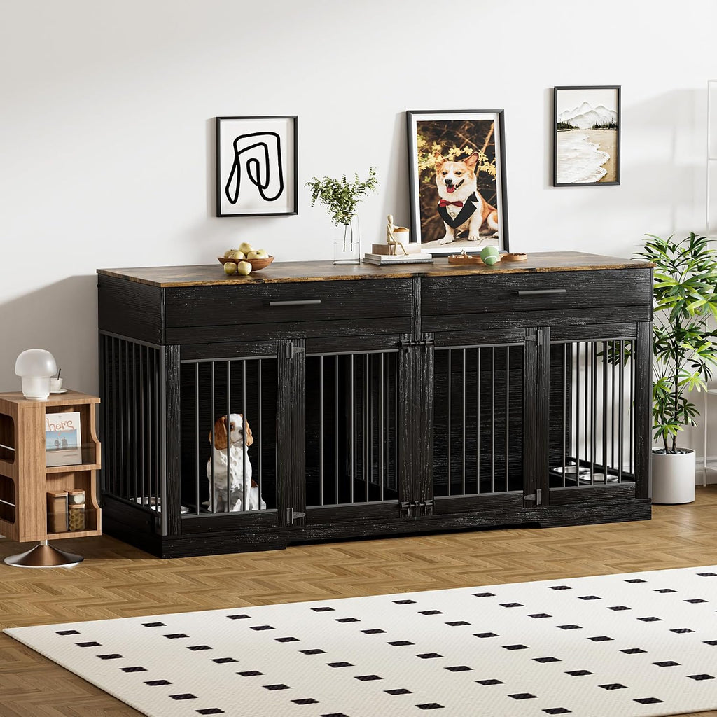 72" Double Dog Crate Furniture with Drawers and Divider, Black | Wooden Dog Kennel for 2 Medium Dogs with 2 Drawers, Removable Divider, 4 Bowls and TV Stand Top