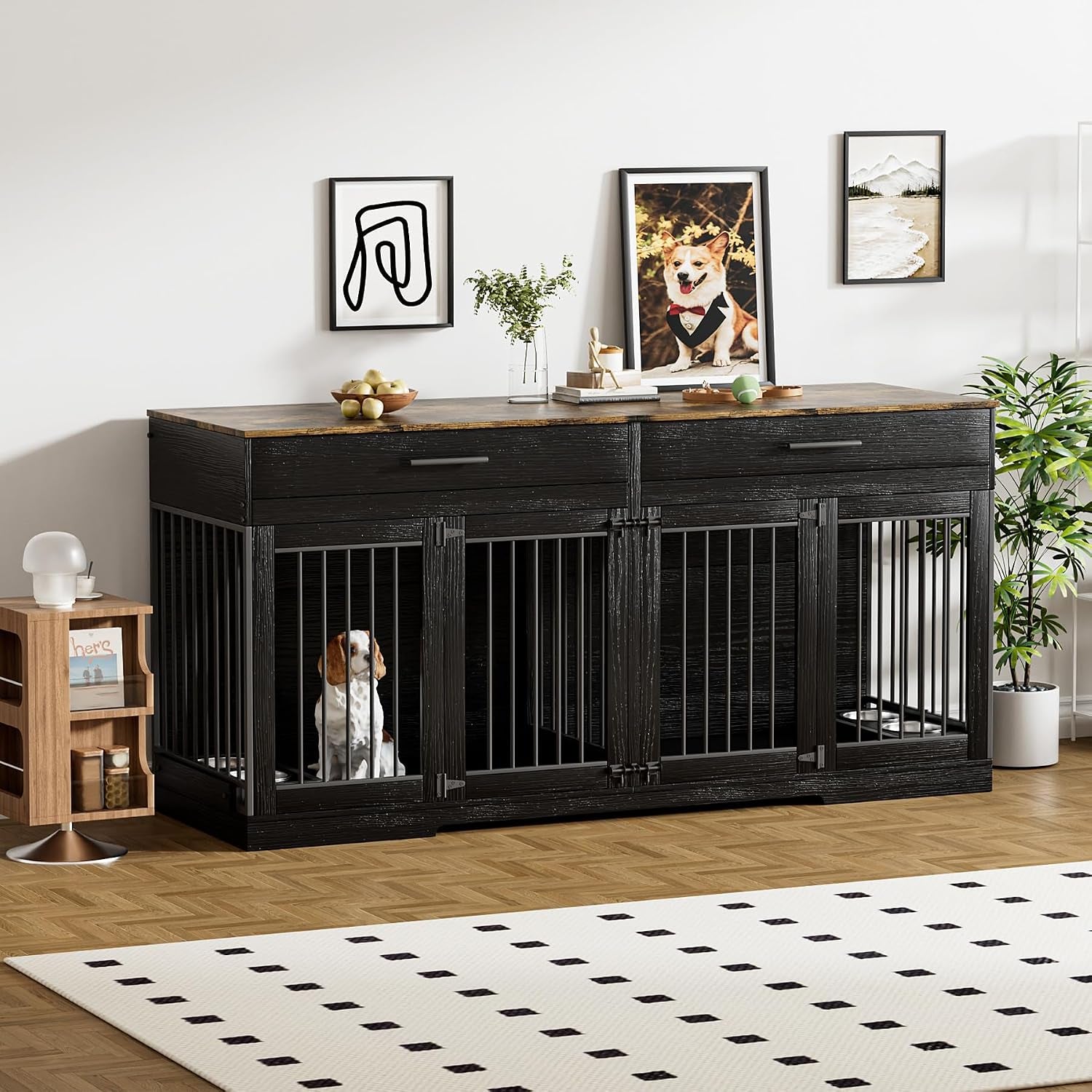 72" Double Dog Crate Furniture with Drawers and Divider, Black | Wooden Dog Kennel for 2 Medium Dogs with 2 Drawers, Removable Divider, 4 Bowls and TV Stand Top