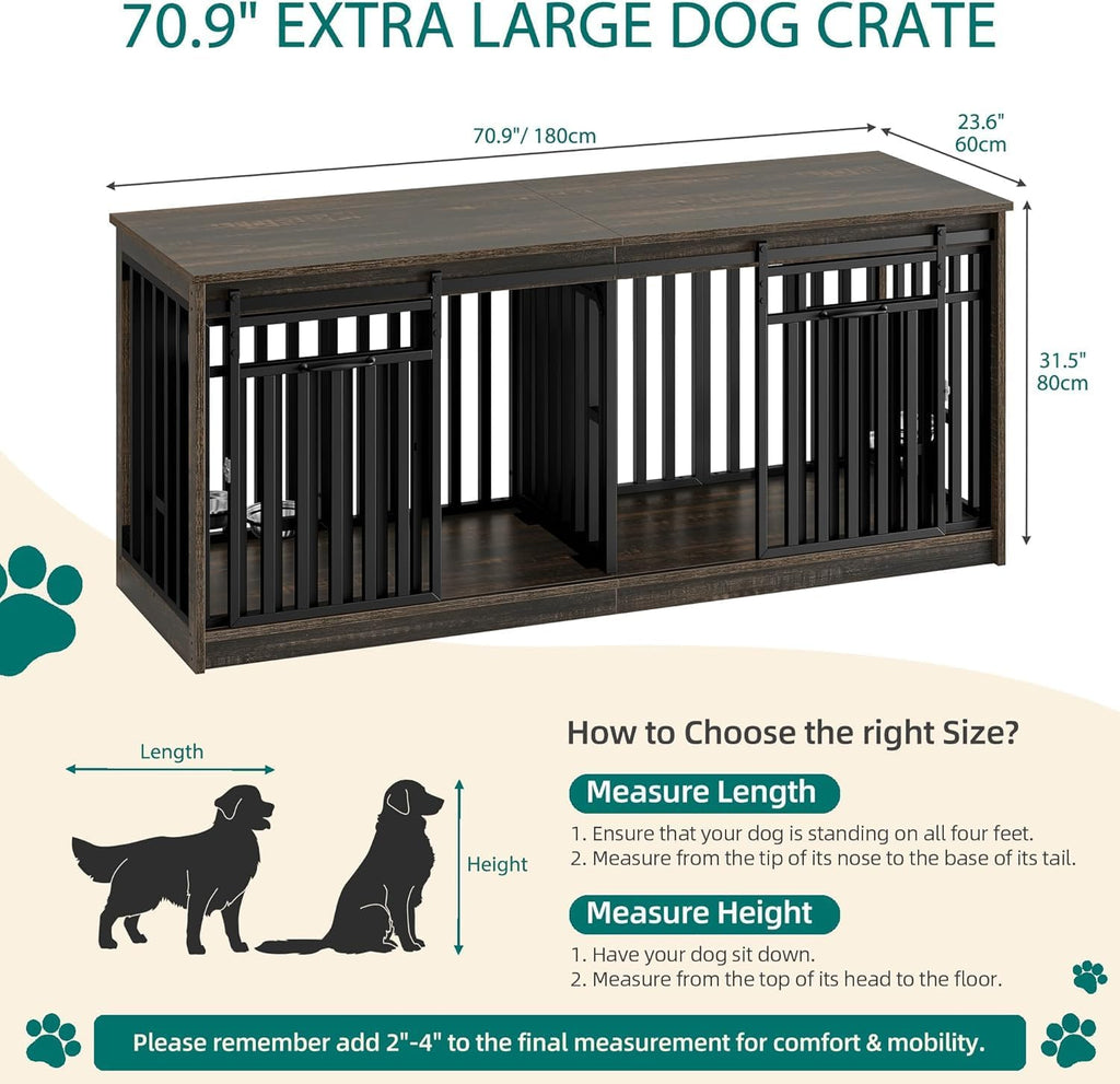 71" Double Dog Crate Furniture for 2 Dogs with 4 Bowls | Heavy Duty Wooden Crate TV Stand, Dog Kennel Indoor Furniture Sliding Barn Door Design for Extra Large Dogs, Black Oak