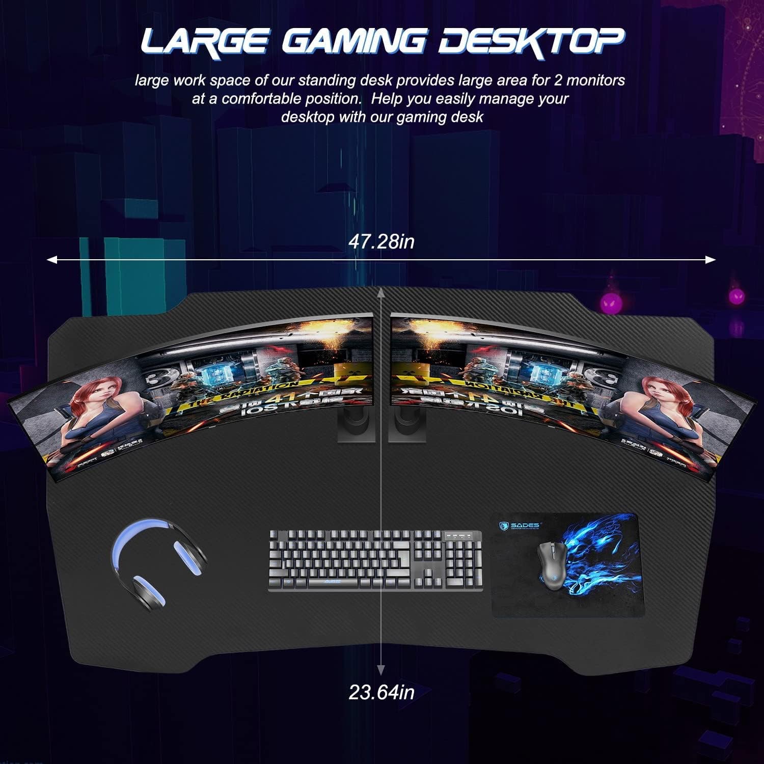 Gmaing Desk Z Shaped 47 Inch Gaming Workstation Ergonomic Gaming Table PC Computer Desk with Headphone Hook for Game Players, Blue