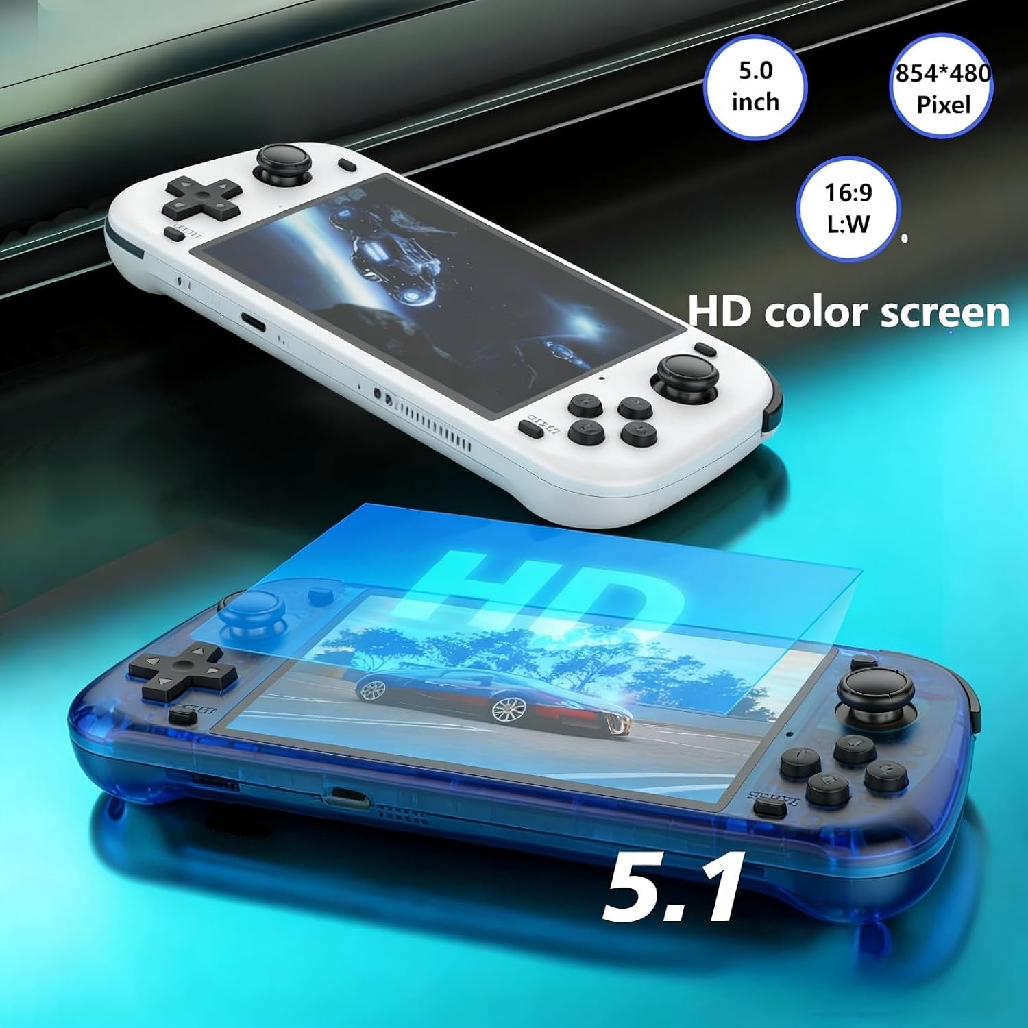R50S Handheld Game Console, Portable Retro Gaming Console ,5.1" IPS Screen , Linux System , Preloaded 15,000+ Games, 20+ Emulator,4200Mah Battery，Transparent Purple 64GB