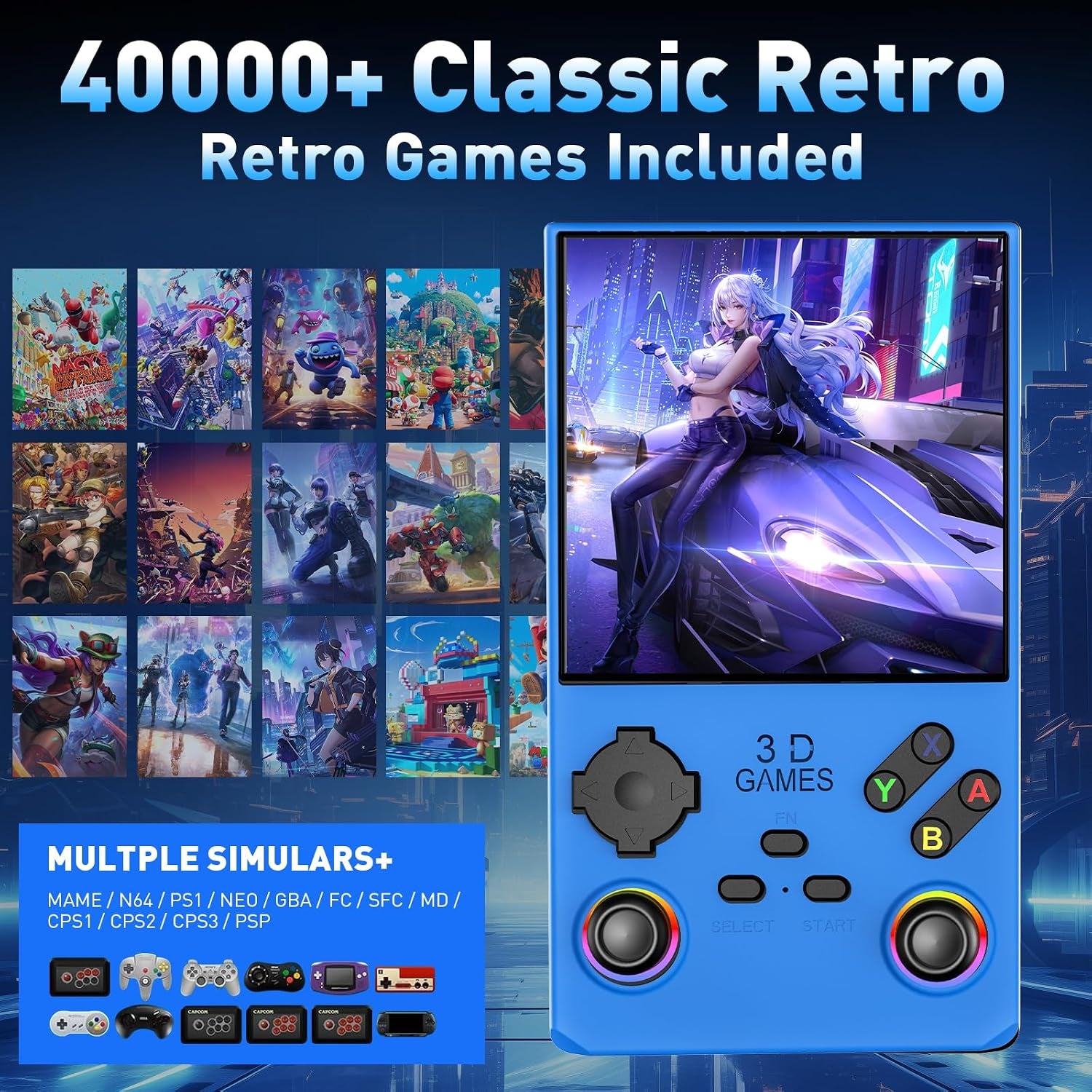 Hugawello R40 MAX Retro Handheld Game Console 4'' IPS 256GB 45 Emulators Linux [Blue]