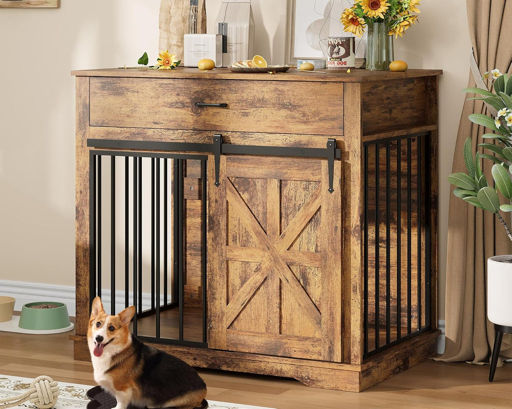 Dog Crate Furniture, 37.8" Large Dog Kennel Indoor, Wooden Kennel Table with Sliding Barn Door and Storage Drawer, Indoor Dog House for Large/Medium/Small Dogs (Brown)
