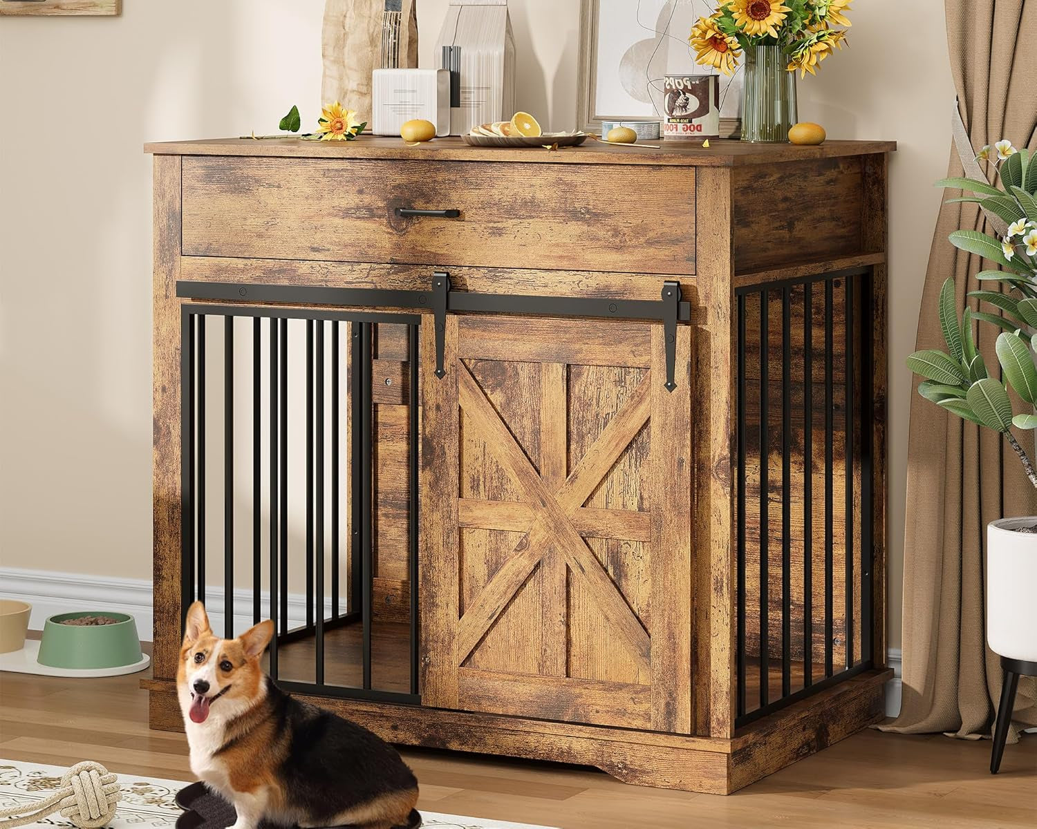 Dog Crate Furniture, 37.8" Large Dog Kennel Indoor, Wooden Kennel Table with Sliding Barn Door and Storage Drawer, Indoor Dog House for Large/Medium/Small Dogs (Brown)