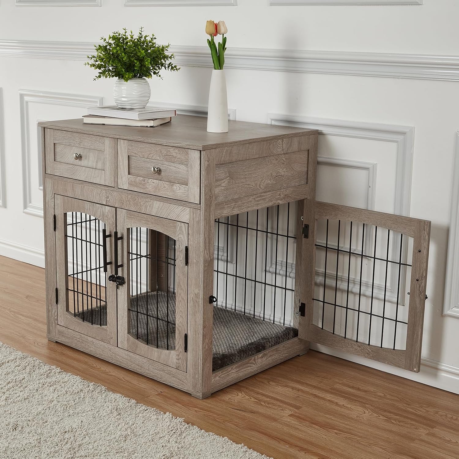 Dog Crate Furniture with Cushion,Wooden Dog Kennels Indoor with 2 Drawers | Built-In Storage Drawers, Soft Sleeping Cushion, Multi Functional Indoor Pet Kennel Table