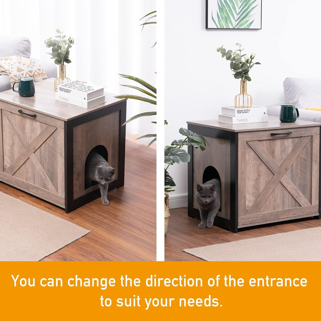Cat Litter Box Furniture Hidden, Cat Litter Box Enclosure, Reversible Entrance Can Be on Left or Right Side, Indoor Cabinet, Wooden Washroom, End Table, Nightstand, Greige, 23.6" L