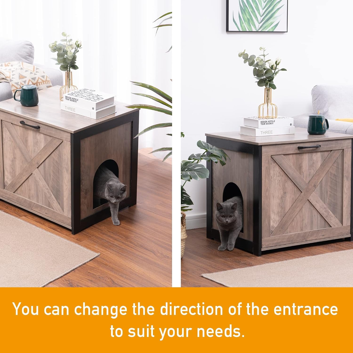 Cat Litter Box Furniture Hidden, Cat Litter Box Enclosure, Reversible Entrance Can Be on Left or Right Side, Indoor Cabinet, Wooden Washroom, End Table, Nightstand, Greige, 23.6" L